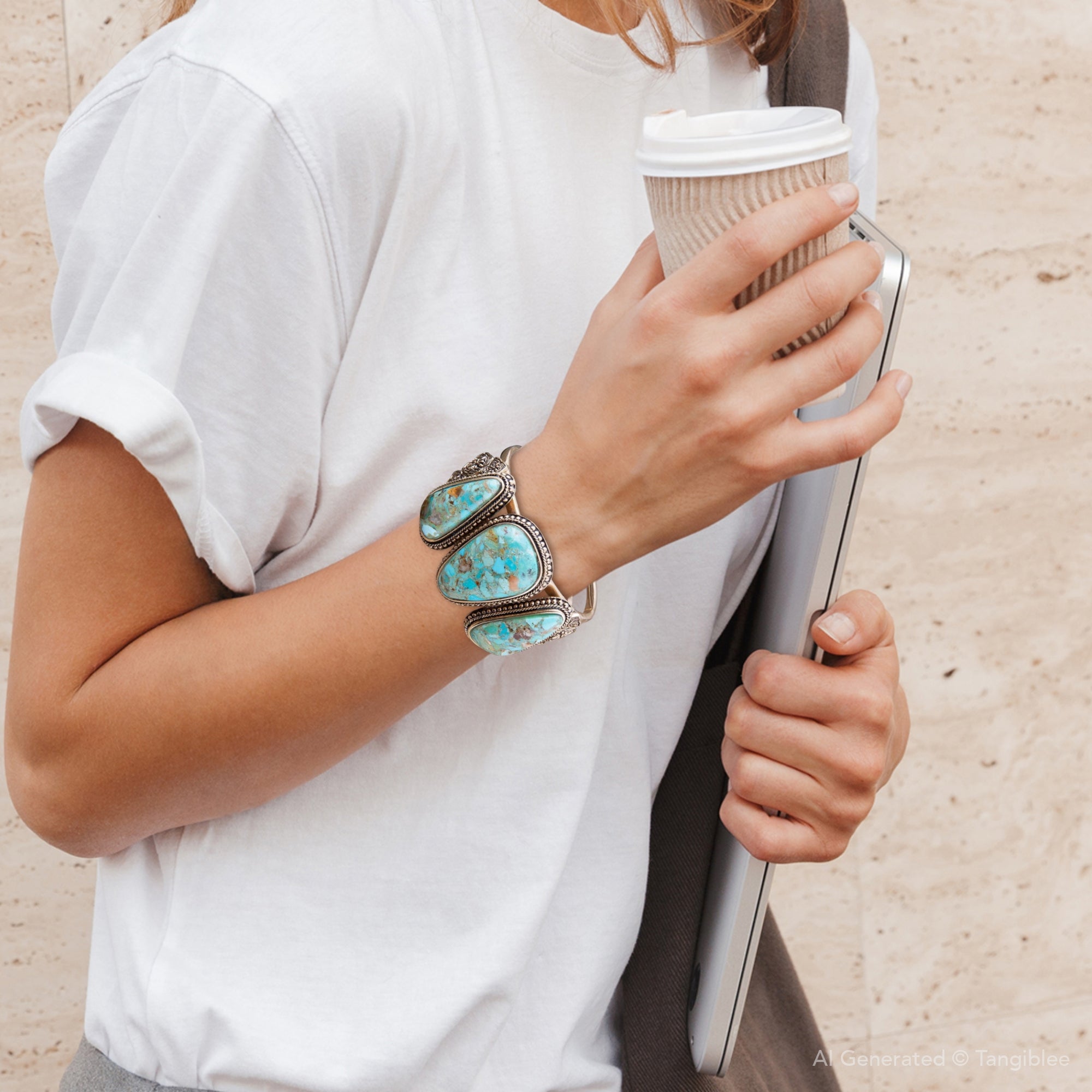 Person holding a coffee cup and a phone with a white shirt and turquoise bracelet.
