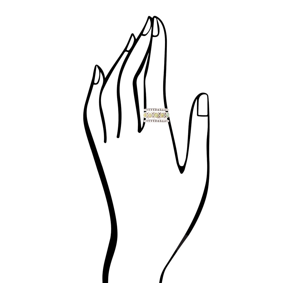 Line drawing of a hand wearing a ring with a gemstone on a white background