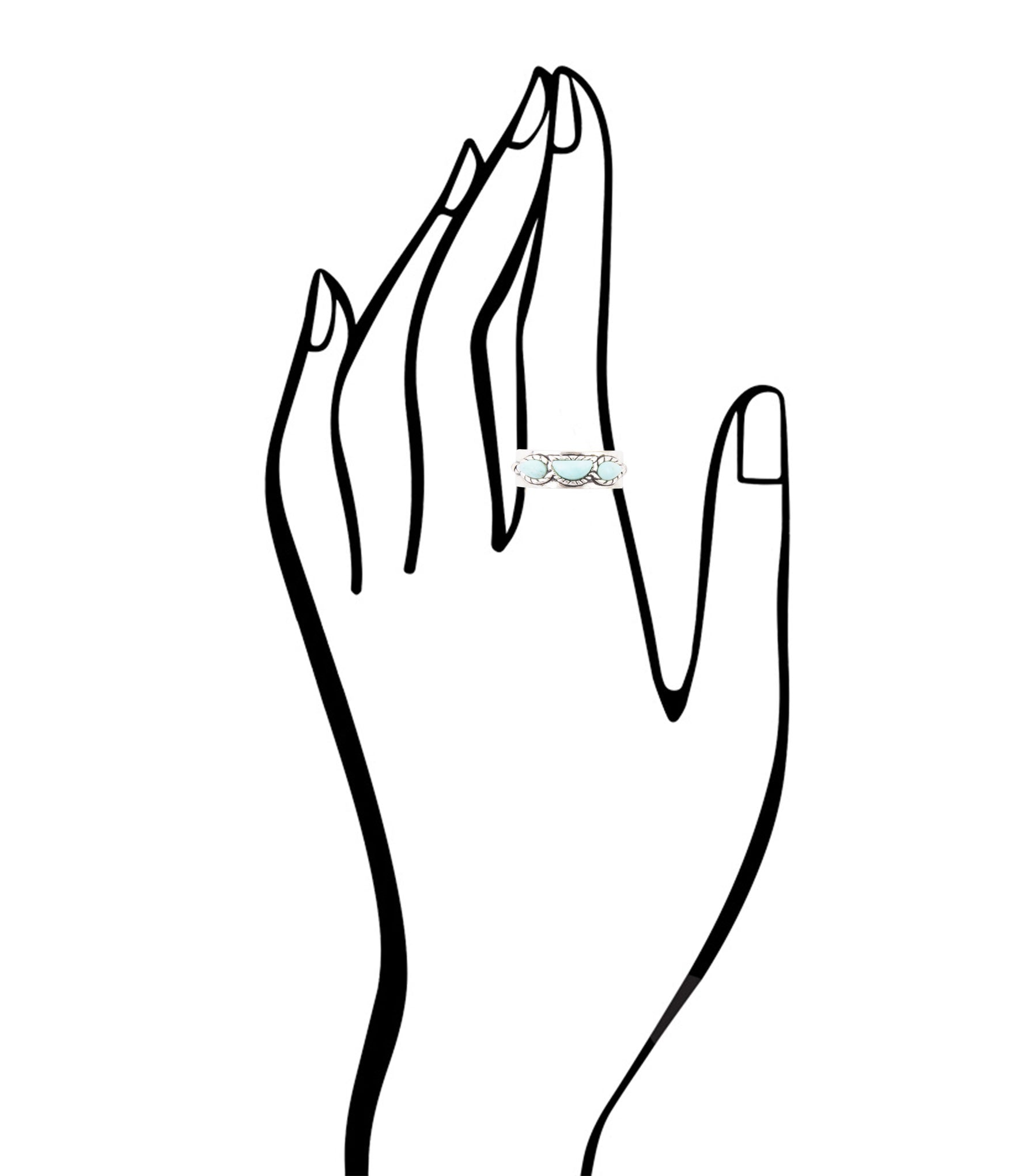 Line drawing of a hand wearing a ring with a bow design on a white background