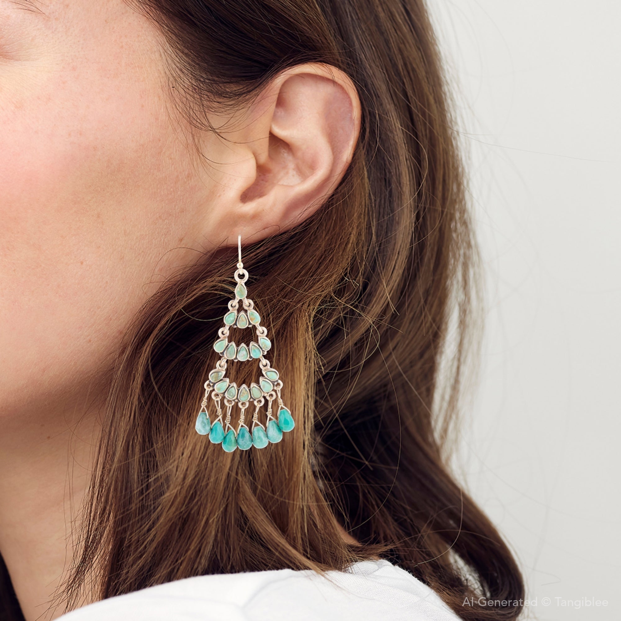 Close-up of a person wearing a turquoise teardrop earring with a white background