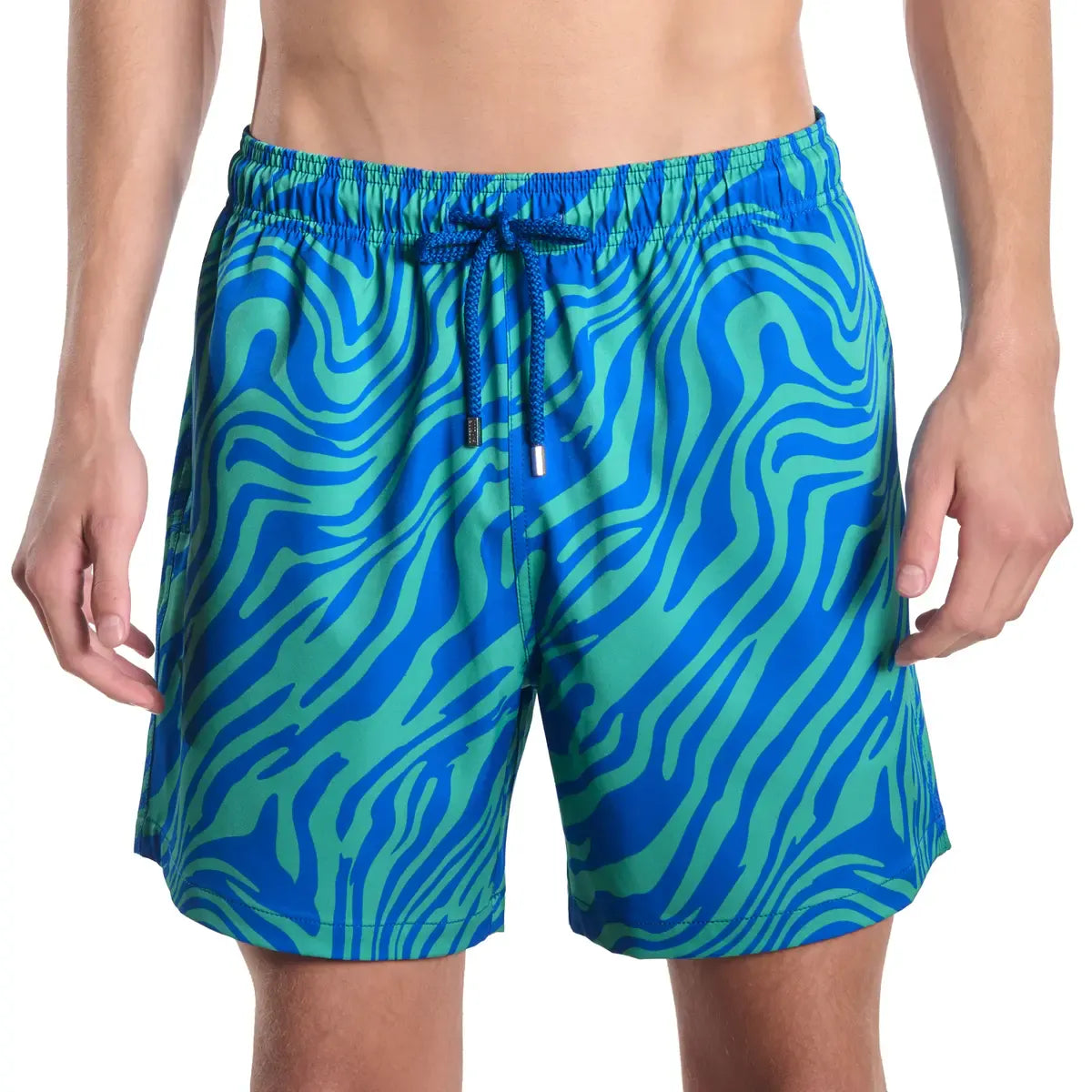 Blue and green patterned swim shorts on a white background
