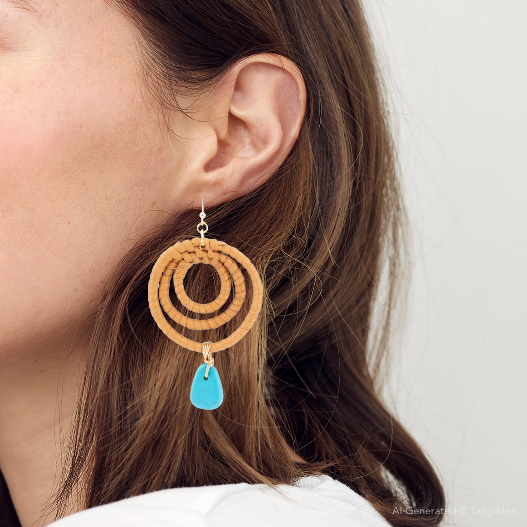 Close-up of a person wearing a gold hoop earring with a blue pendant.