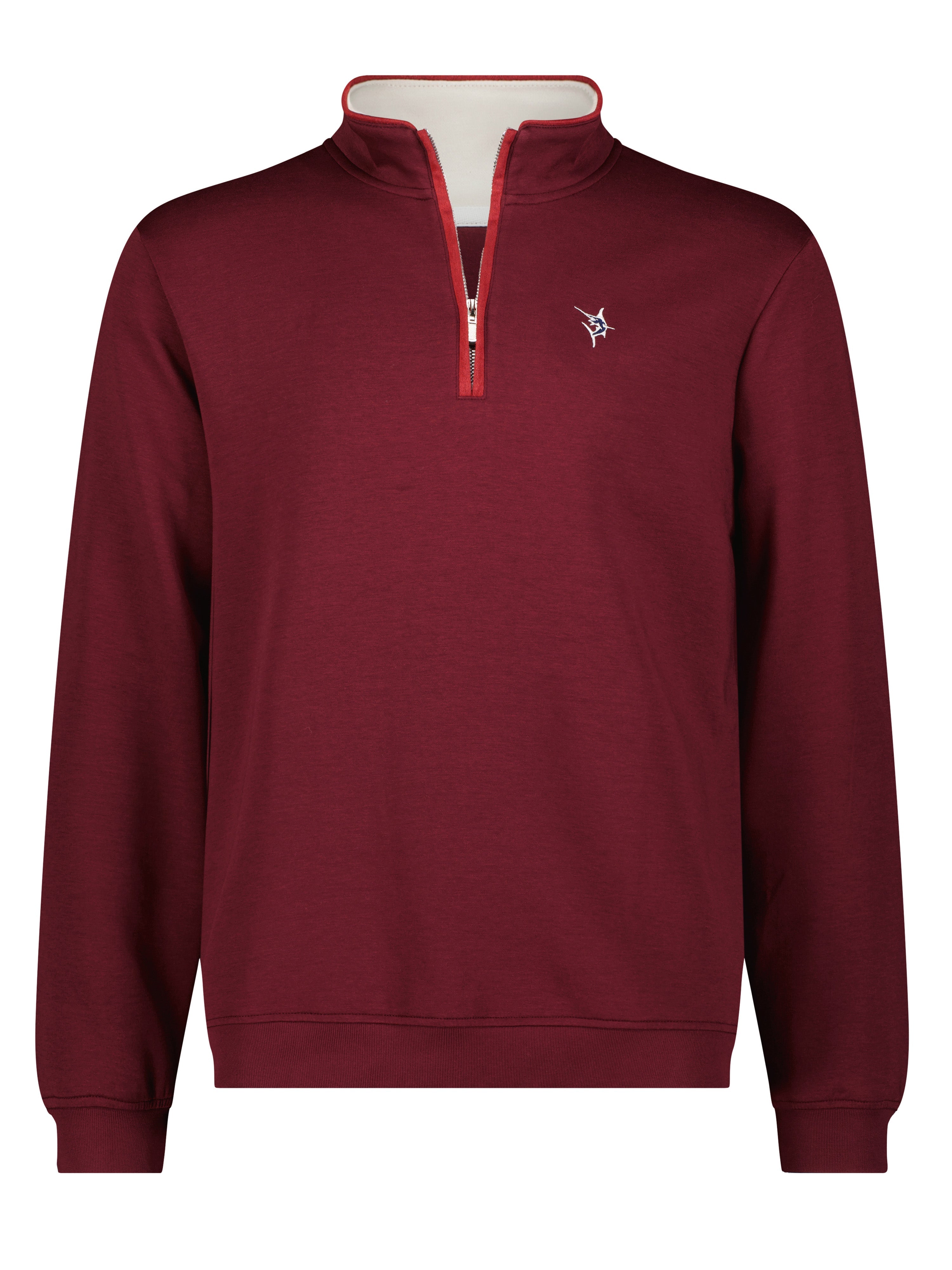 Maroon pullover with a small logo on a white background