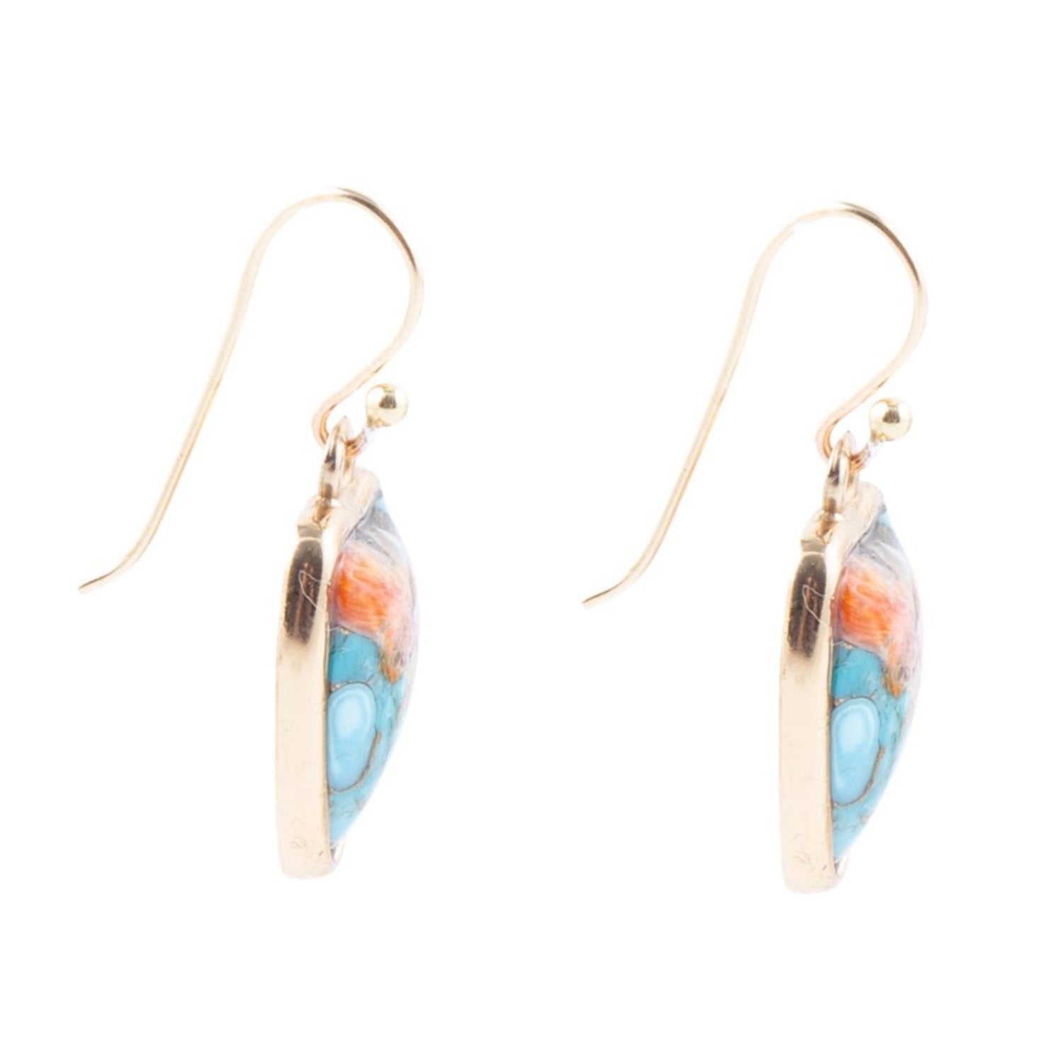 Pair of earrings with colorful stone inlays on a white background