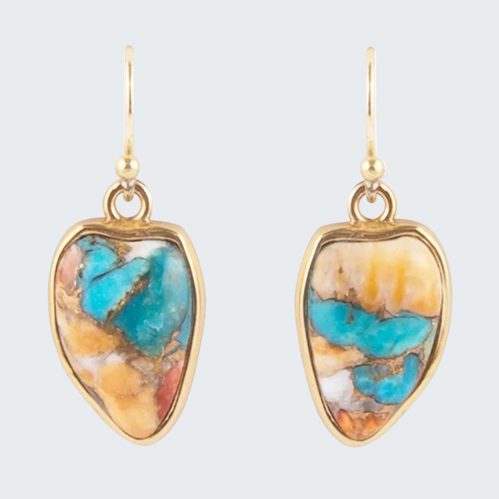 Gold-framed earrings with multicolored stone on a white background