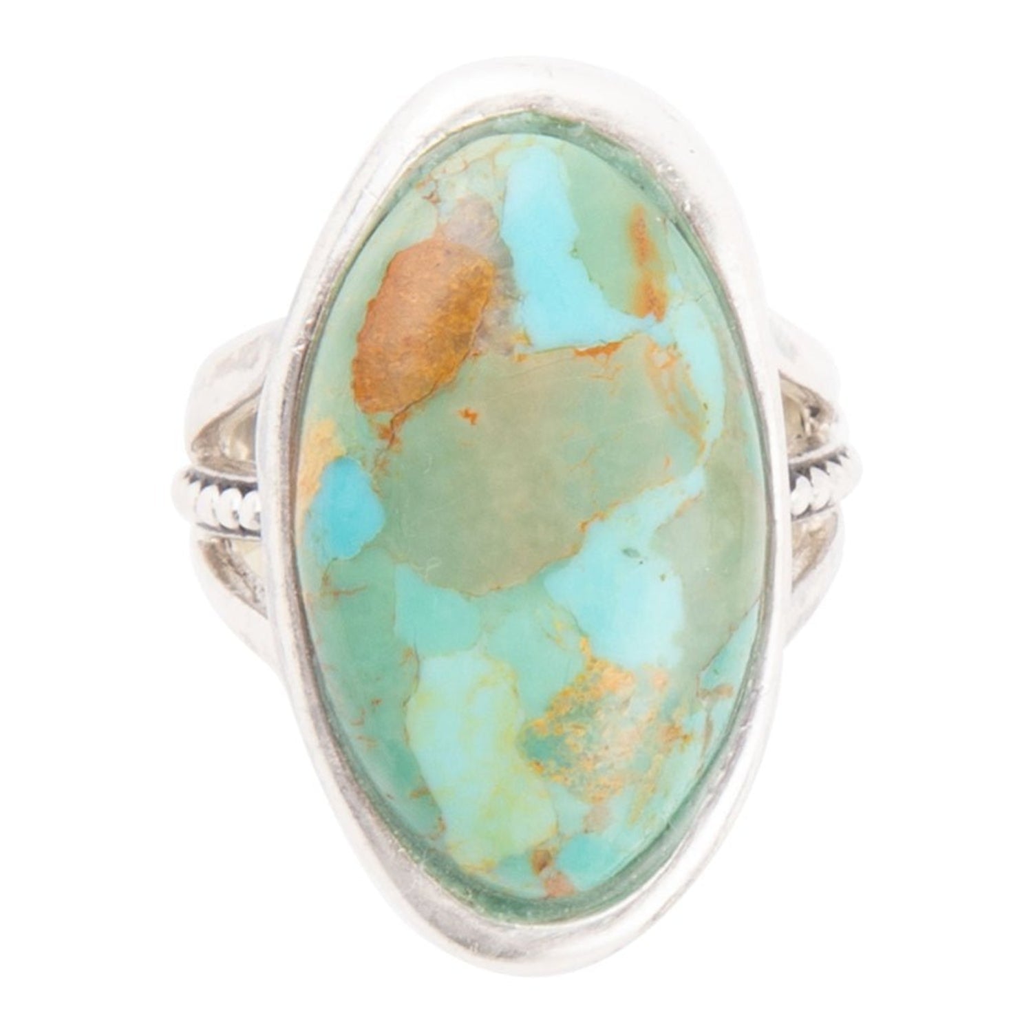 Turquoise stone ring with silver band on a white background