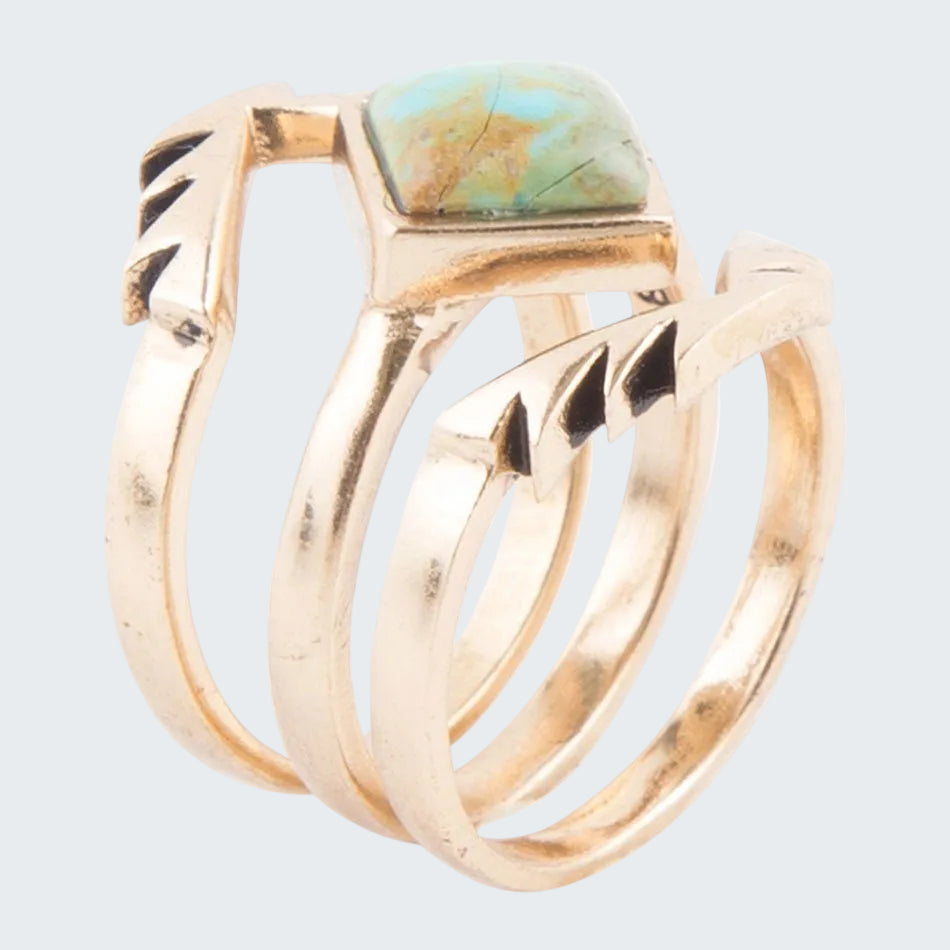 Gold ring with a turquoise stone on a white background