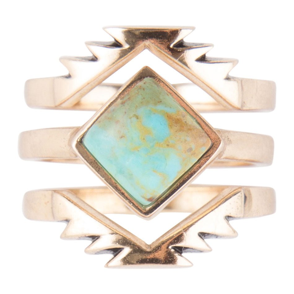 Gold ring with a turquoise stone on a white background