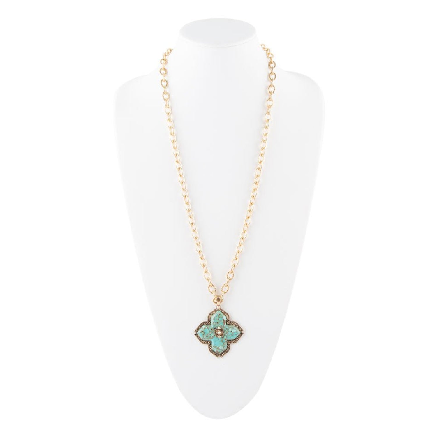 Necklace with a turquoise clover-shaped pendant on a white stand