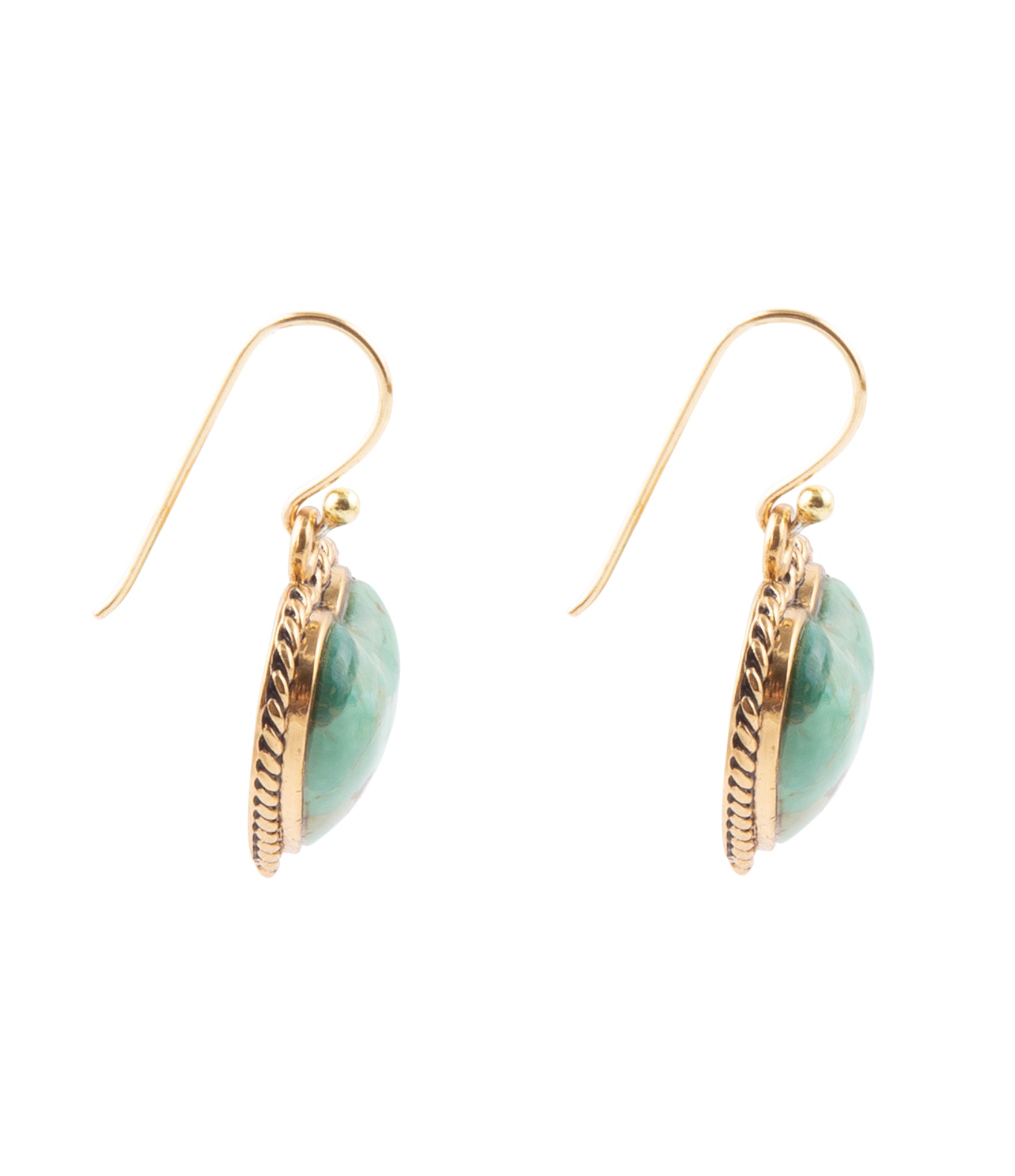 Gold hoop earrings with green gemstones on a white background