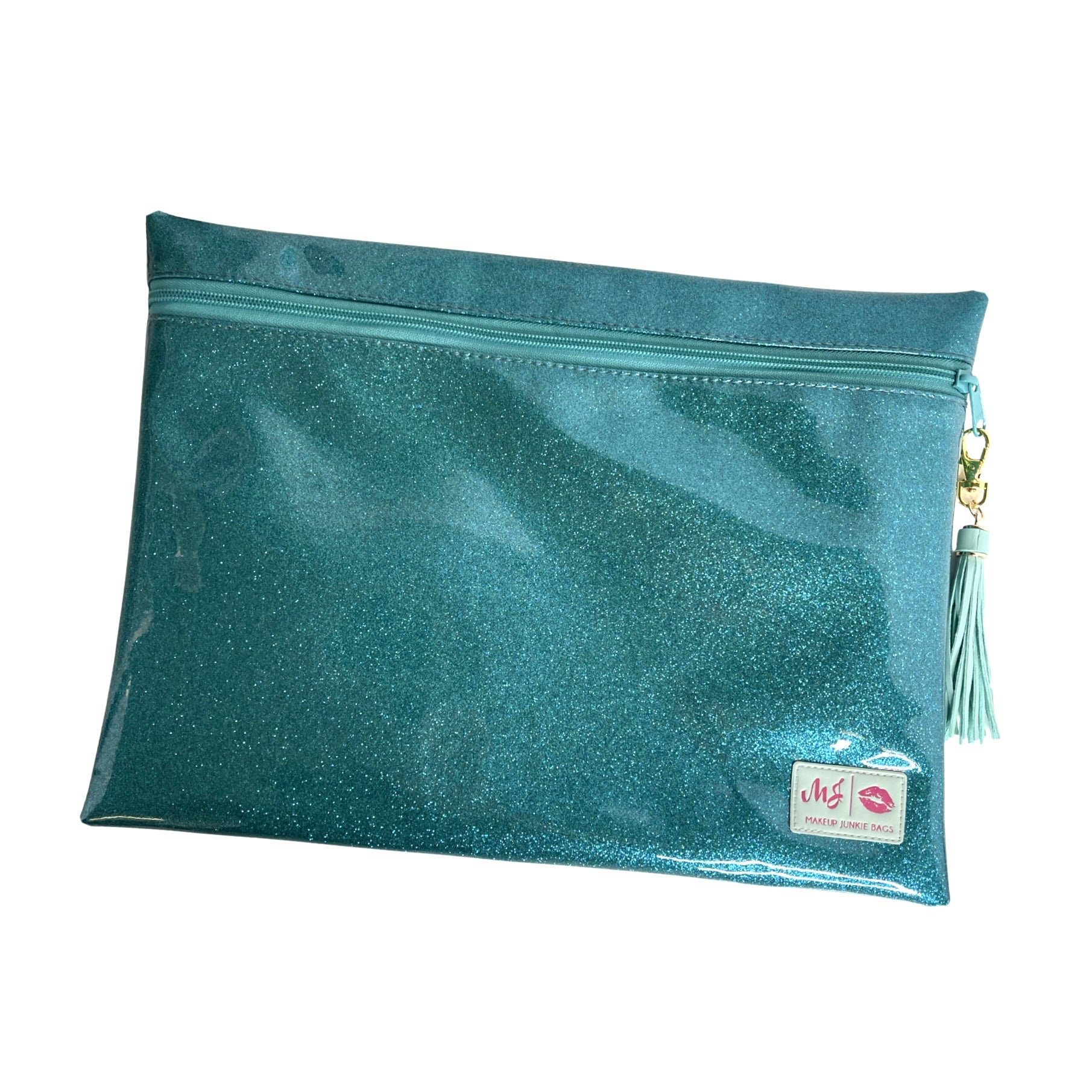Teal glittery pouch with a gold zipper and tassel on a white background