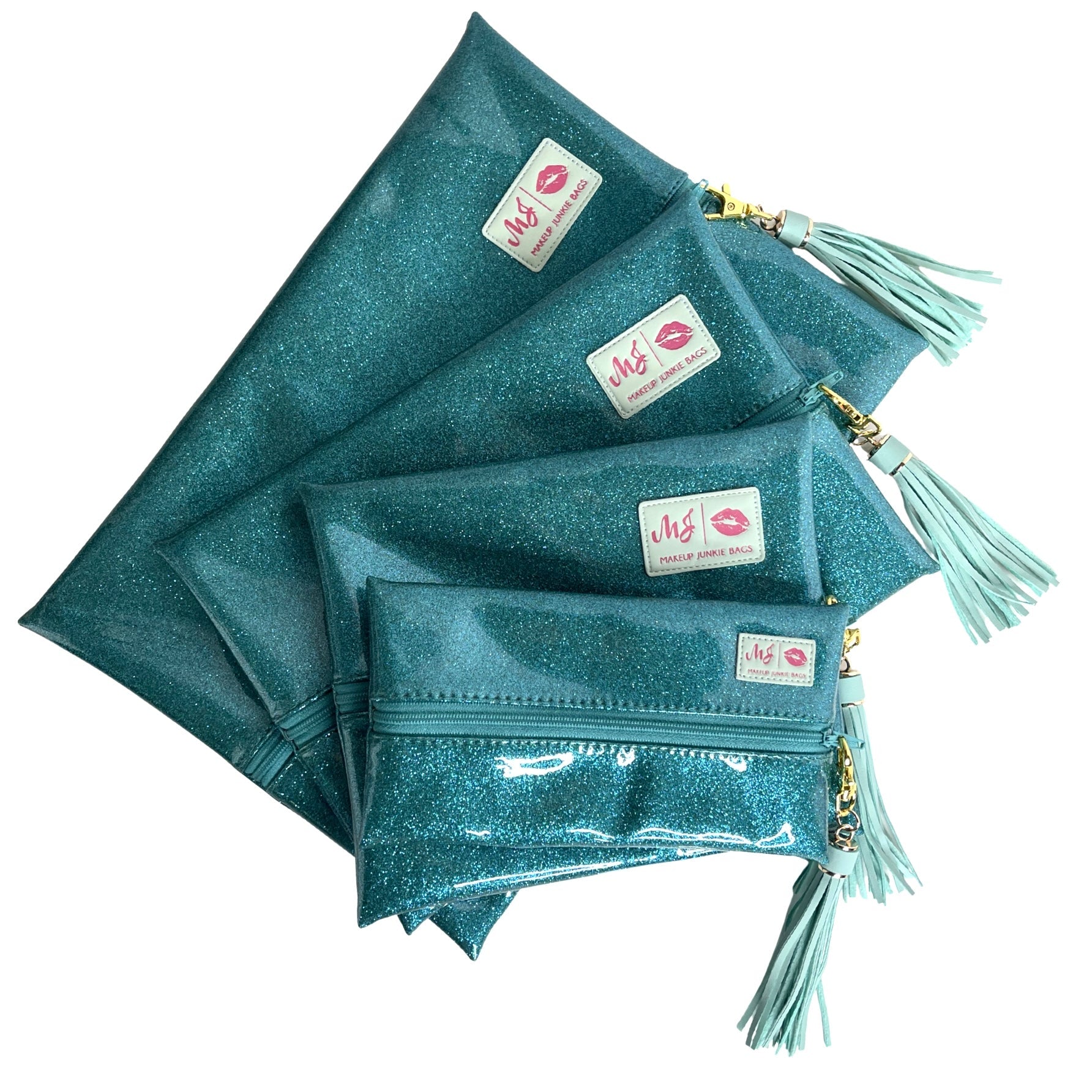 Set of teal glittery pouches with tassels and visible brand logo on a white background