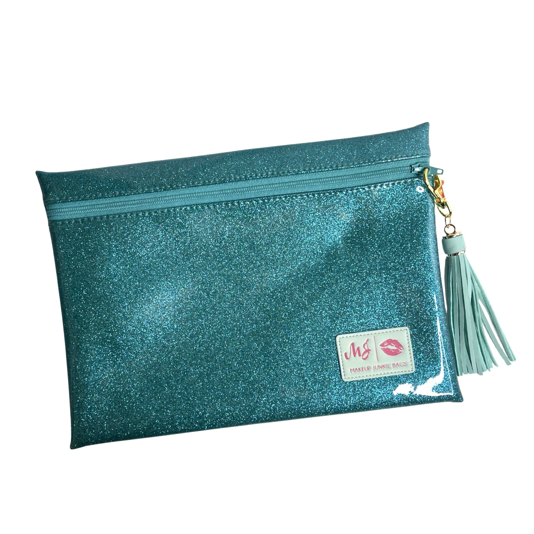 Teal glittery pouch with a tassel on a white background