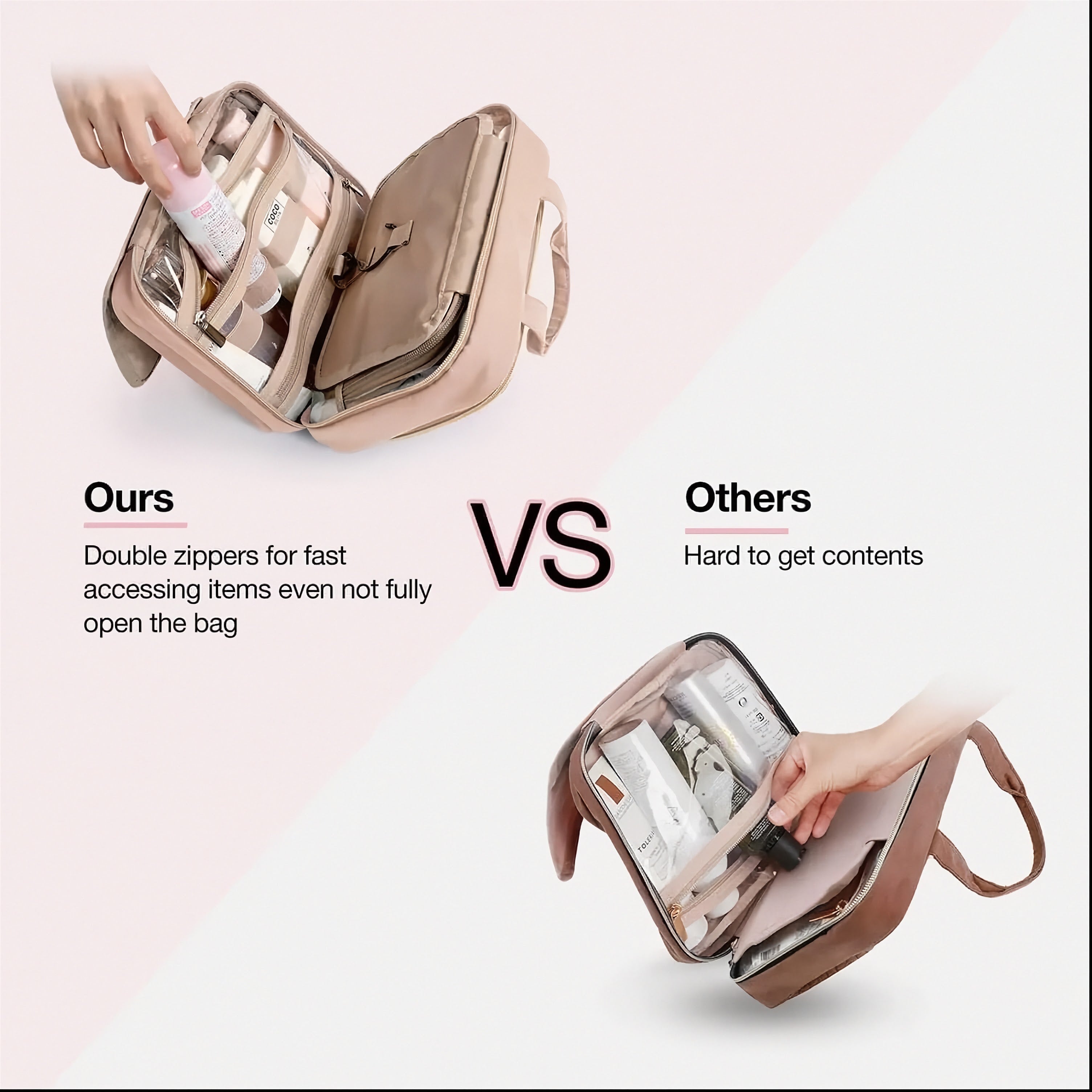 Comparison of a travel bag with double zippers to others, on a light pink background.