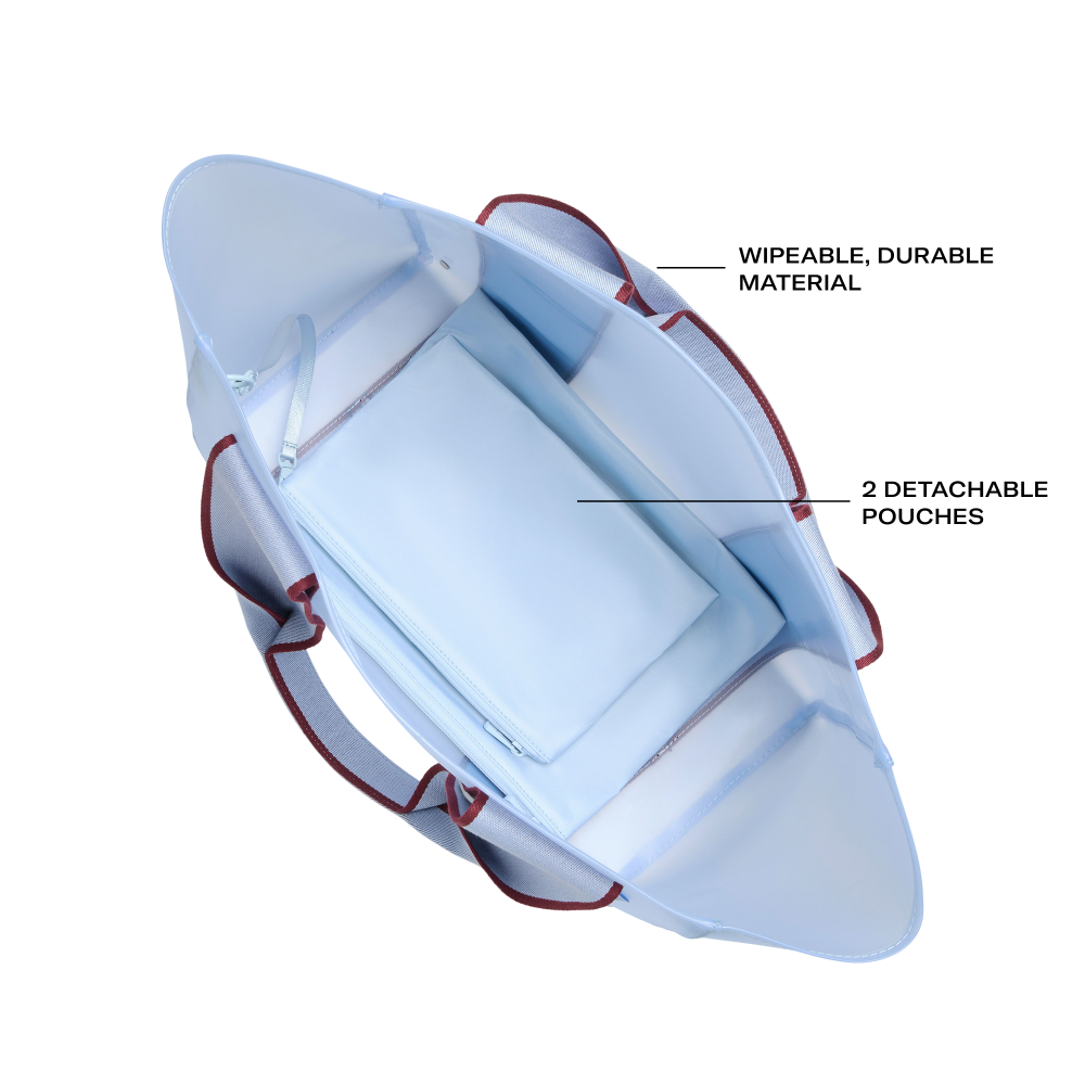 Light blue bag with red accents on a white background, labeled for features.