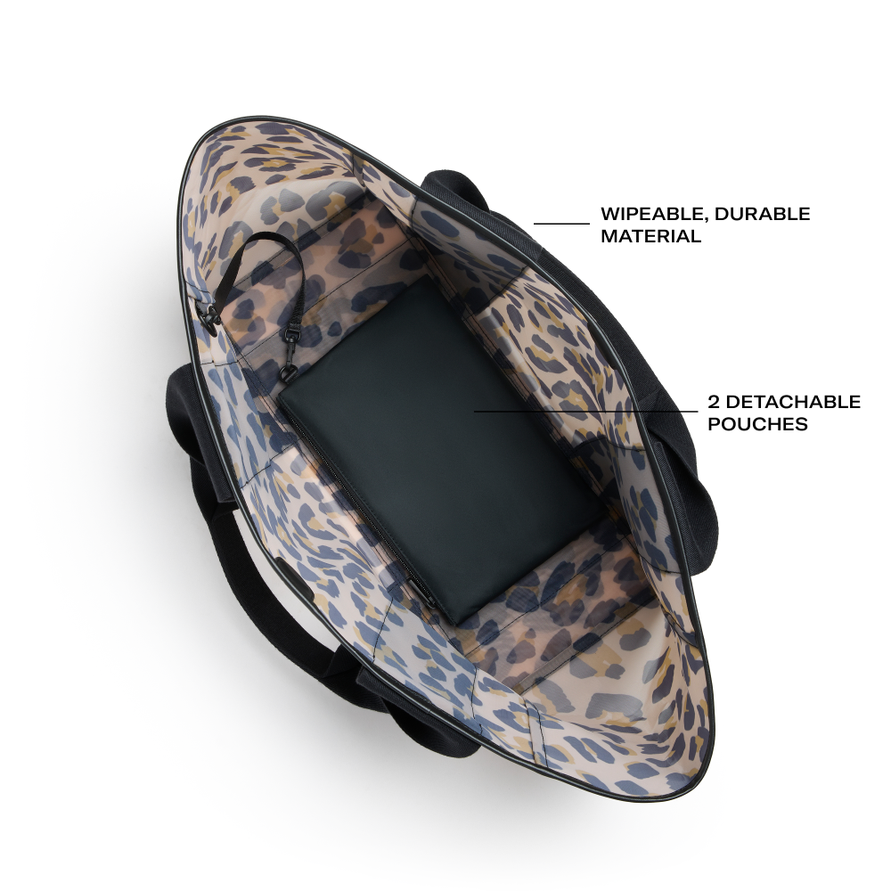 Leopard print baby seat with text indicating features on a white background