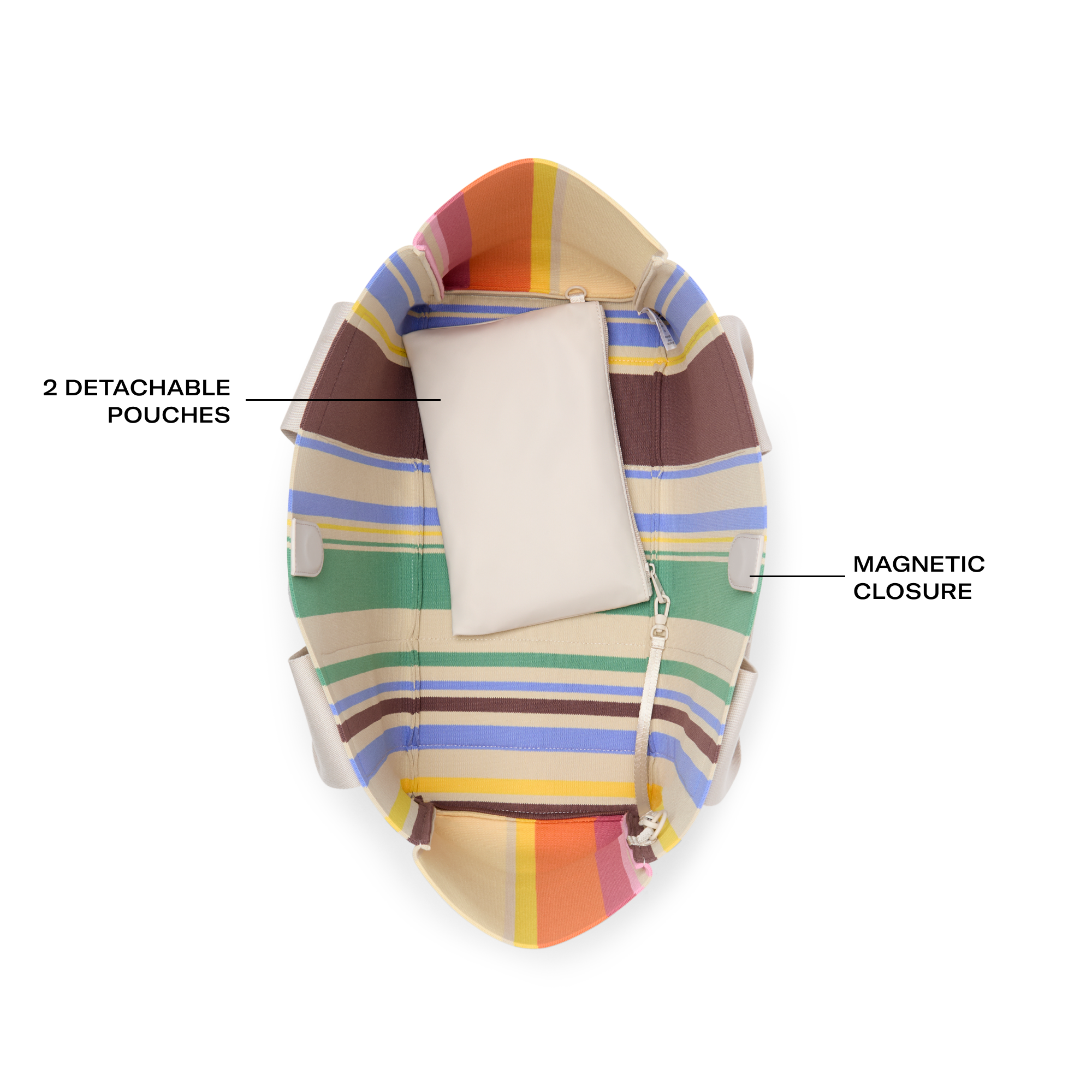 Multicolored striped pouch with detachable pouches and magnetic closure on a white background