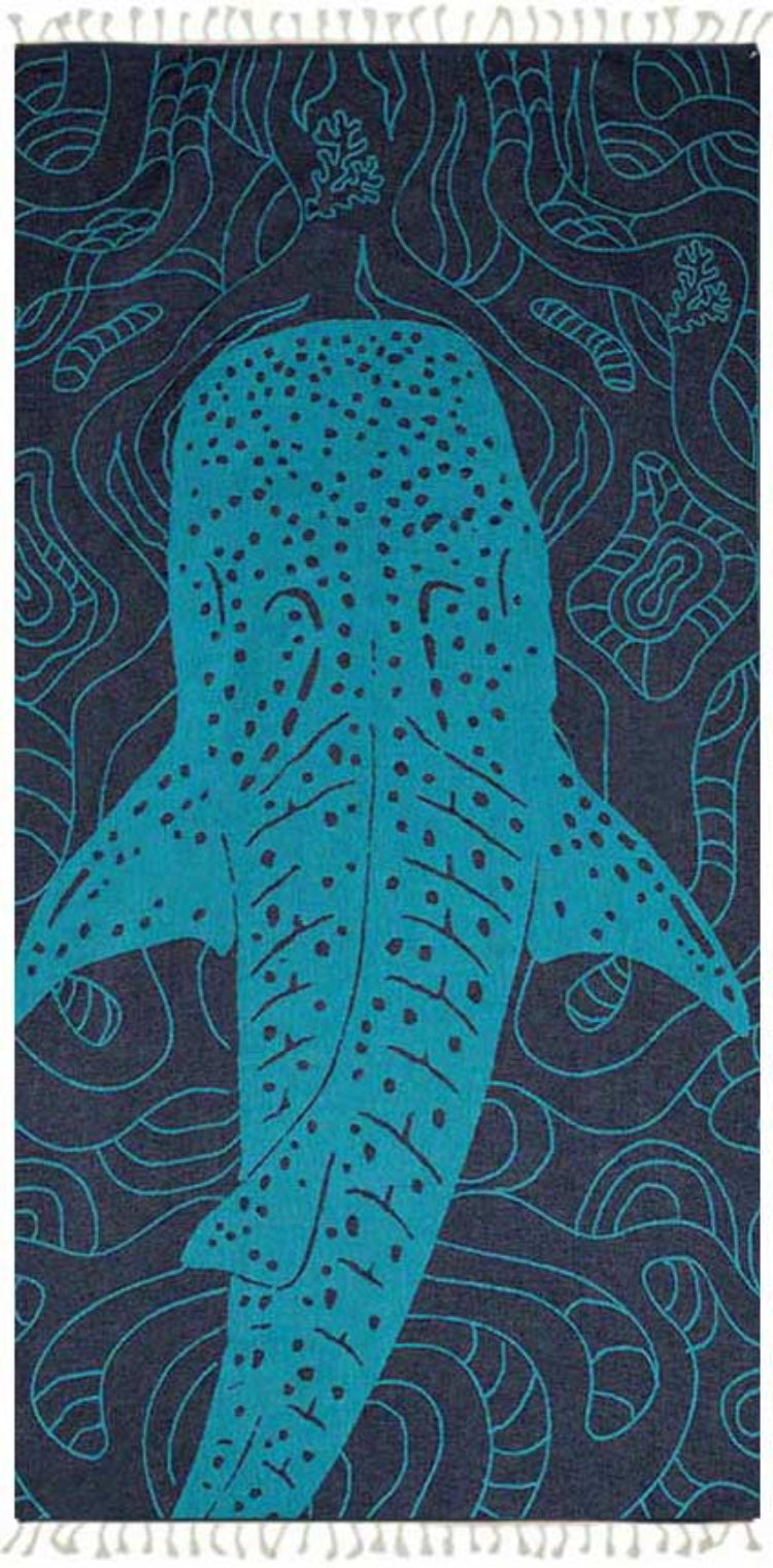 Teal whale shark design on a dark blue background with ocean wave patterns