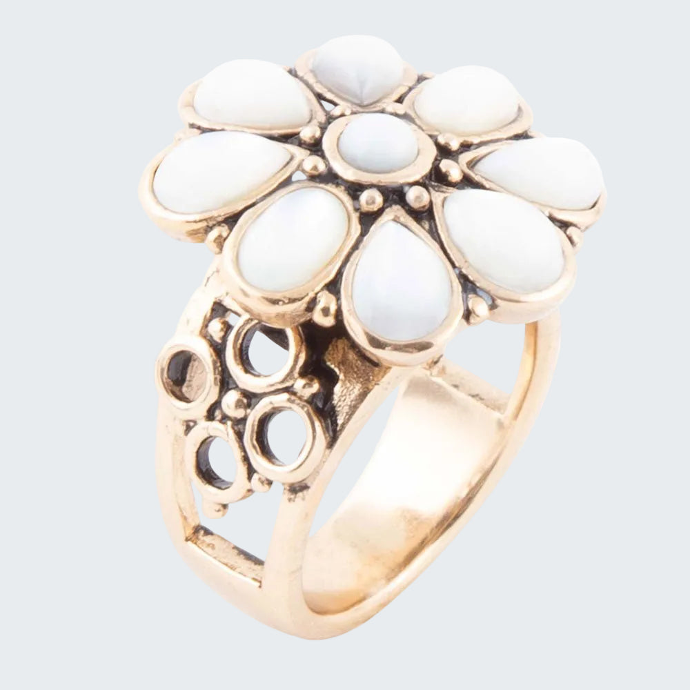 Gold ring with white gemstones on a white background