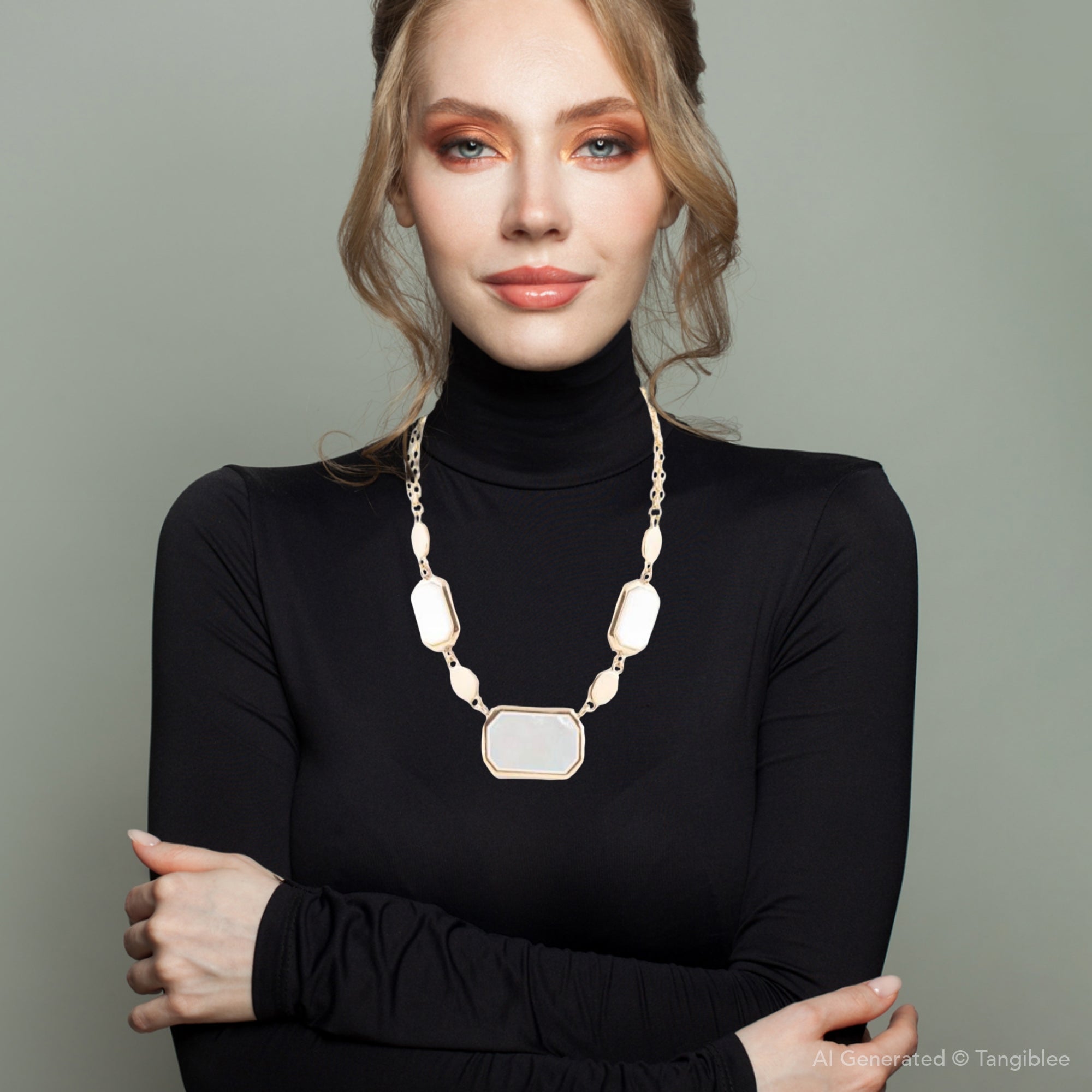 Woman wearing a gold necklace with large, rectangular pendants against a neutral background