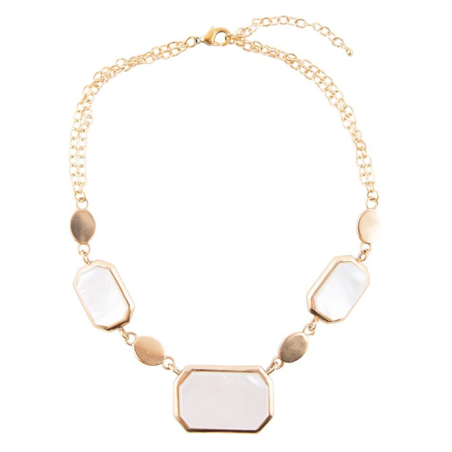 Necklace with gold and white stone pendants on a white background