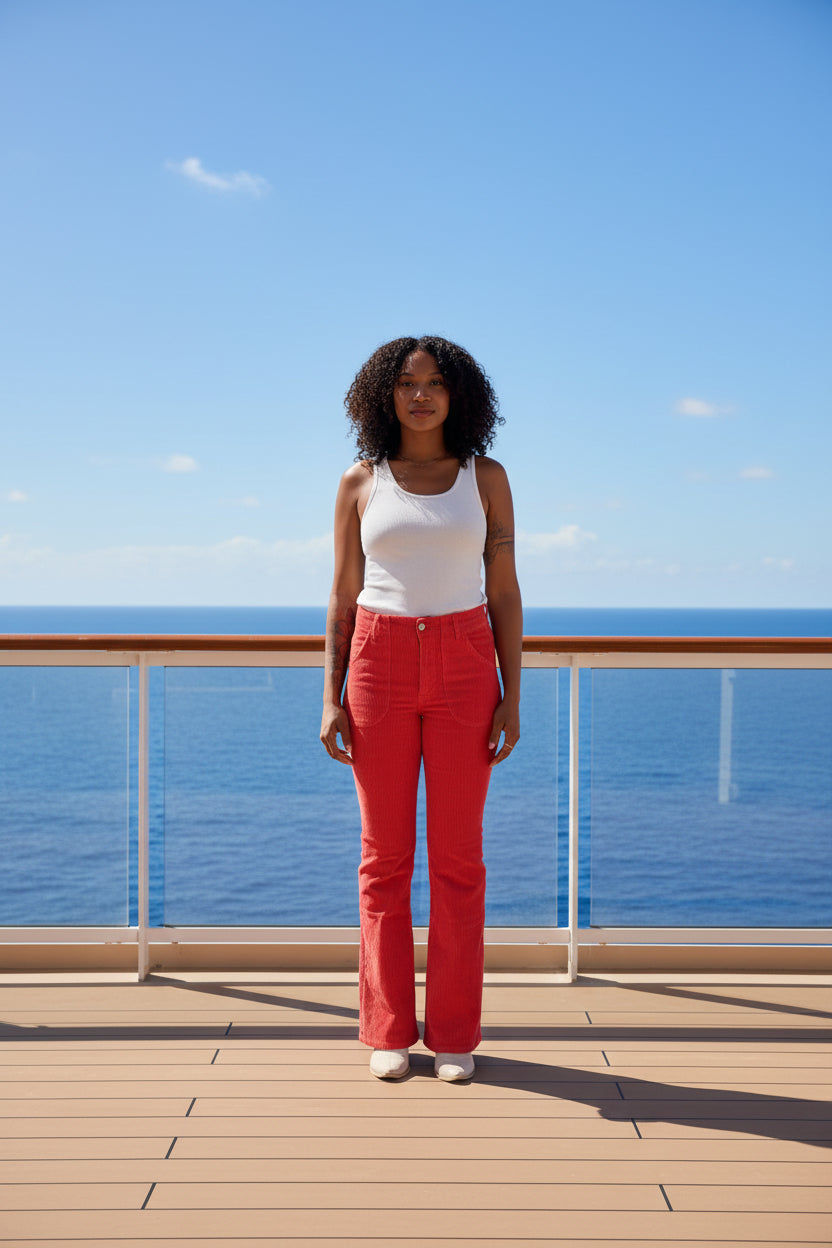 Woman wearing a white tank top and red pants on a white background