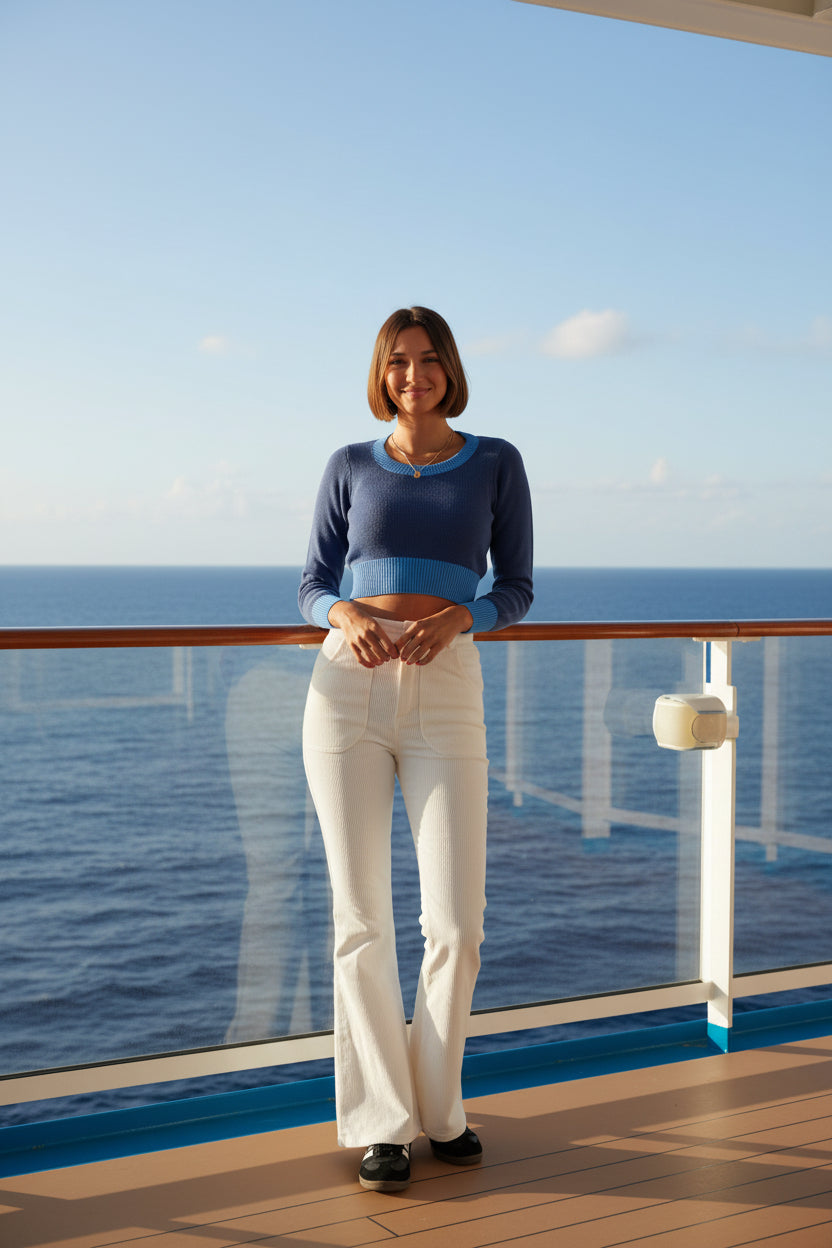 Woman wearing a blue cropped sweater and white pants on a white background
