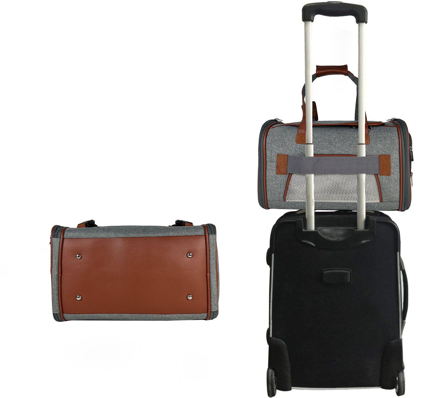 Set of three bags including a black suitcase, gray and brown duffel bag, and gray pet carrier on a white background.