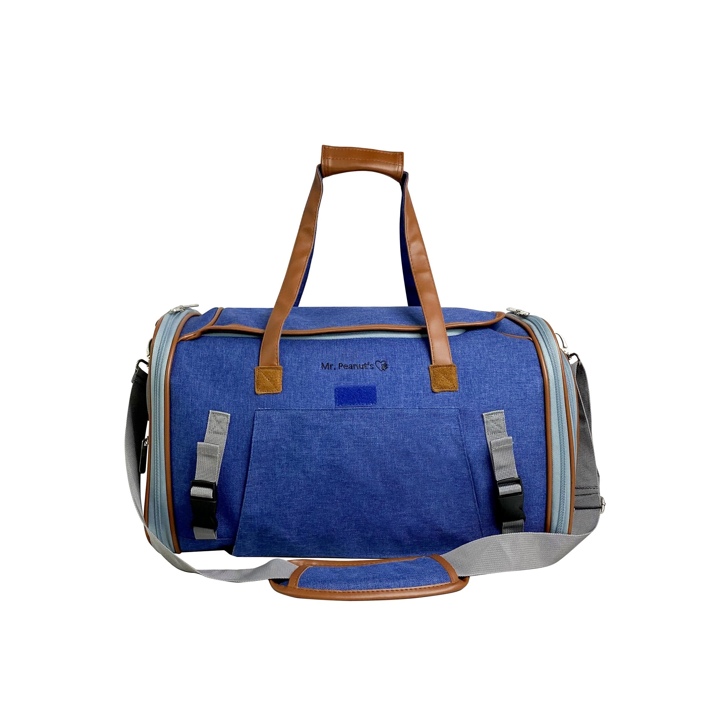 Blue duffel bag with brown handles on a white background