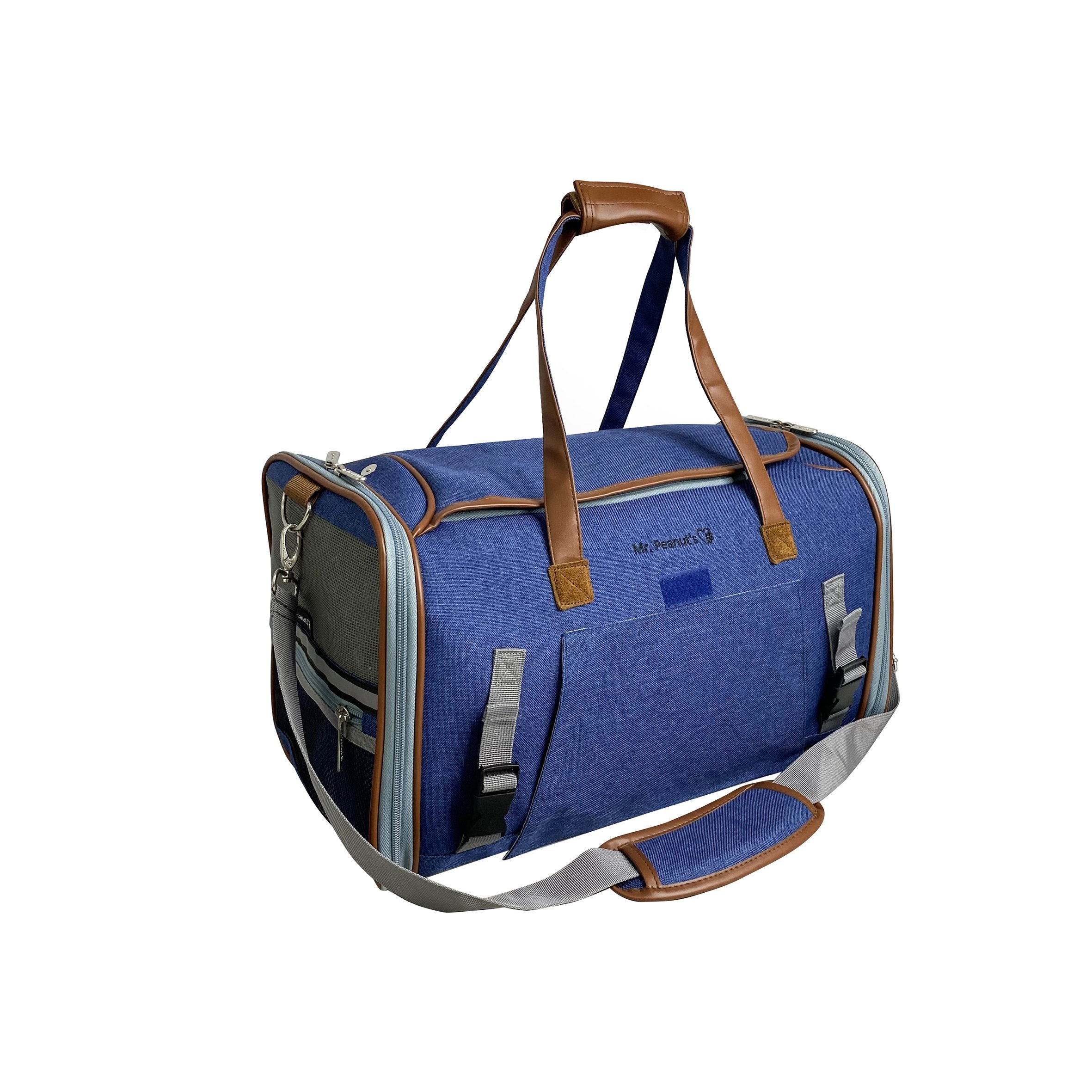 Blue duffel bag with brown handles and straps on a white background