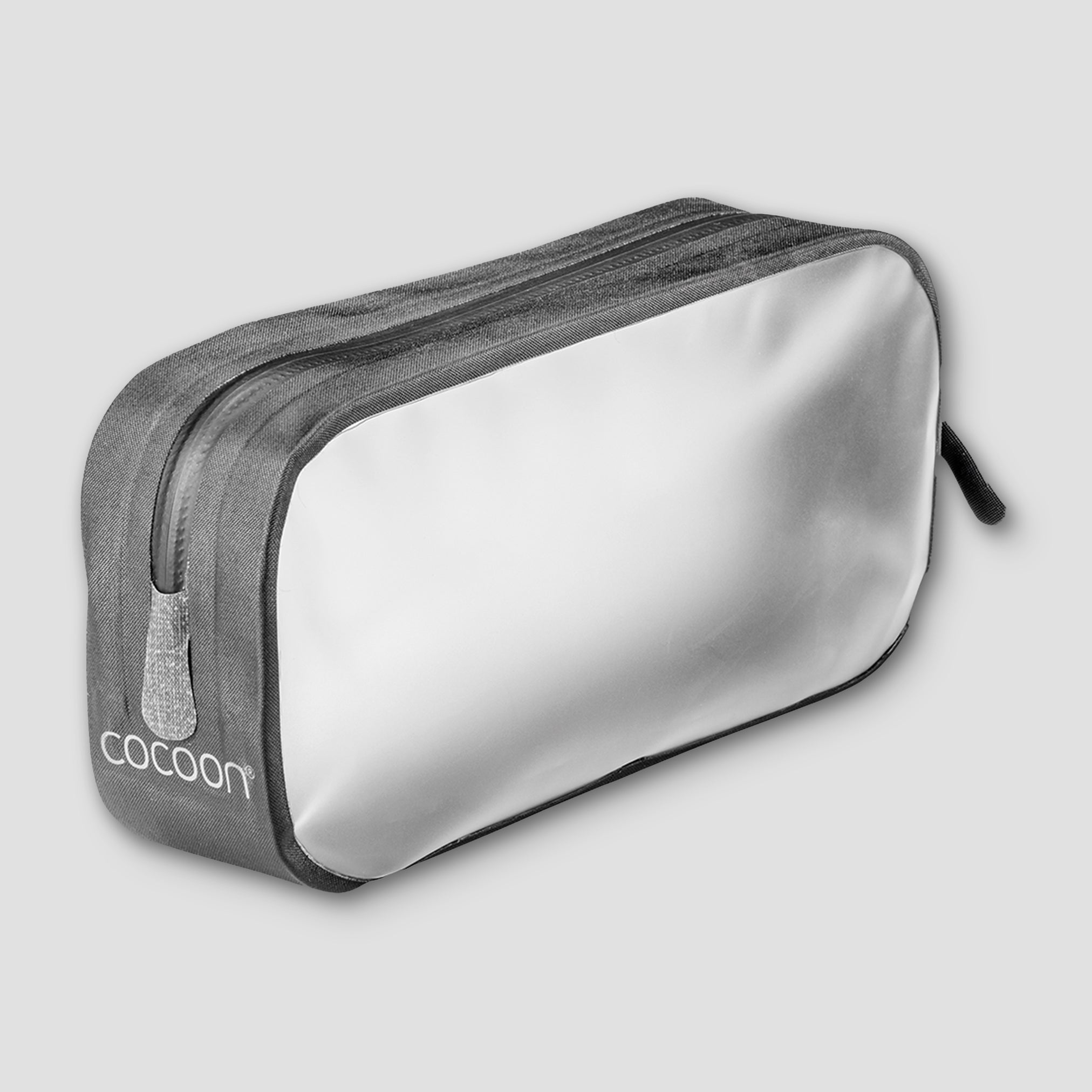 Silver toiletry bag with gray exterior on a light gray background, featuring the Cocoon brand.