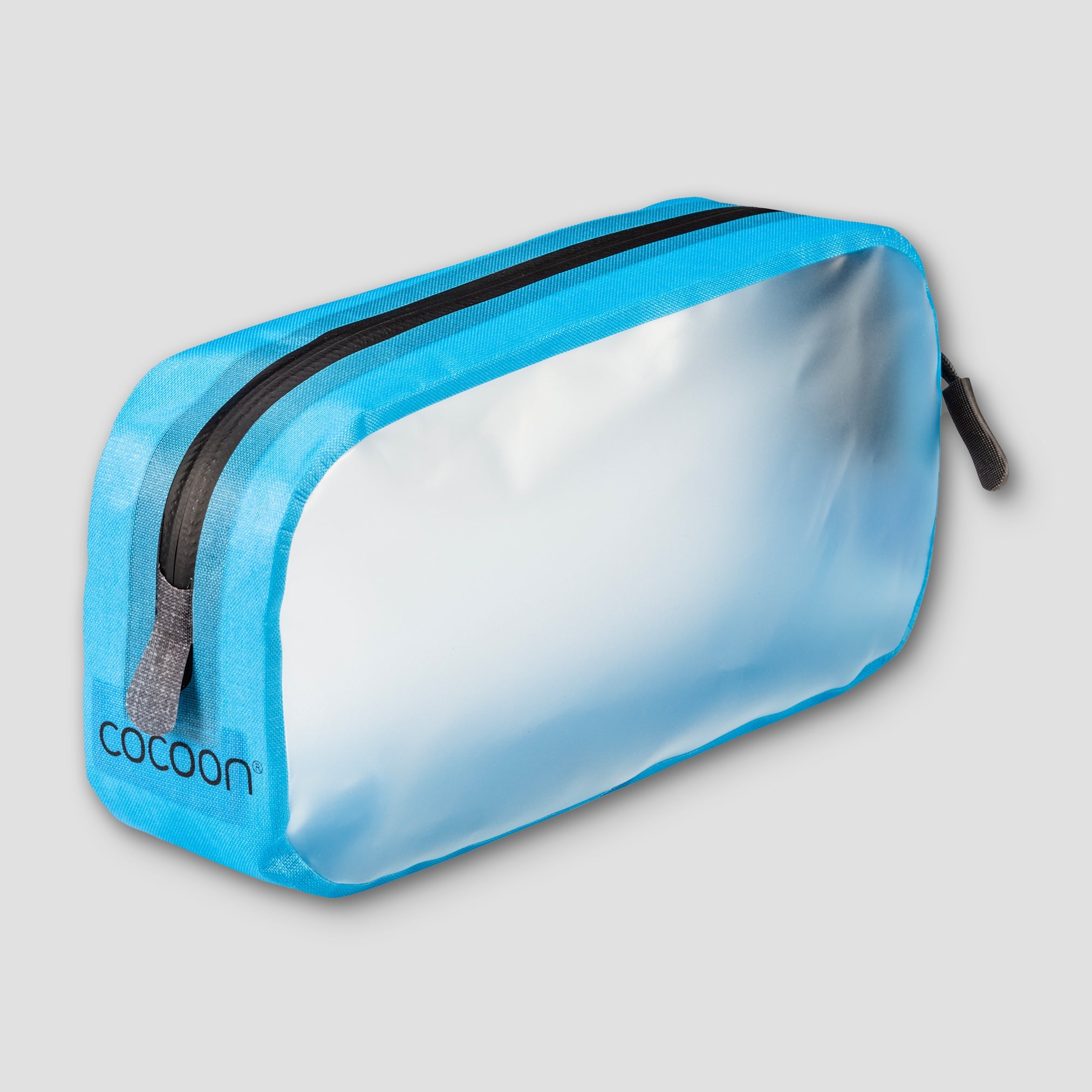 Blue travel pouch with black zipper on a light gray background
