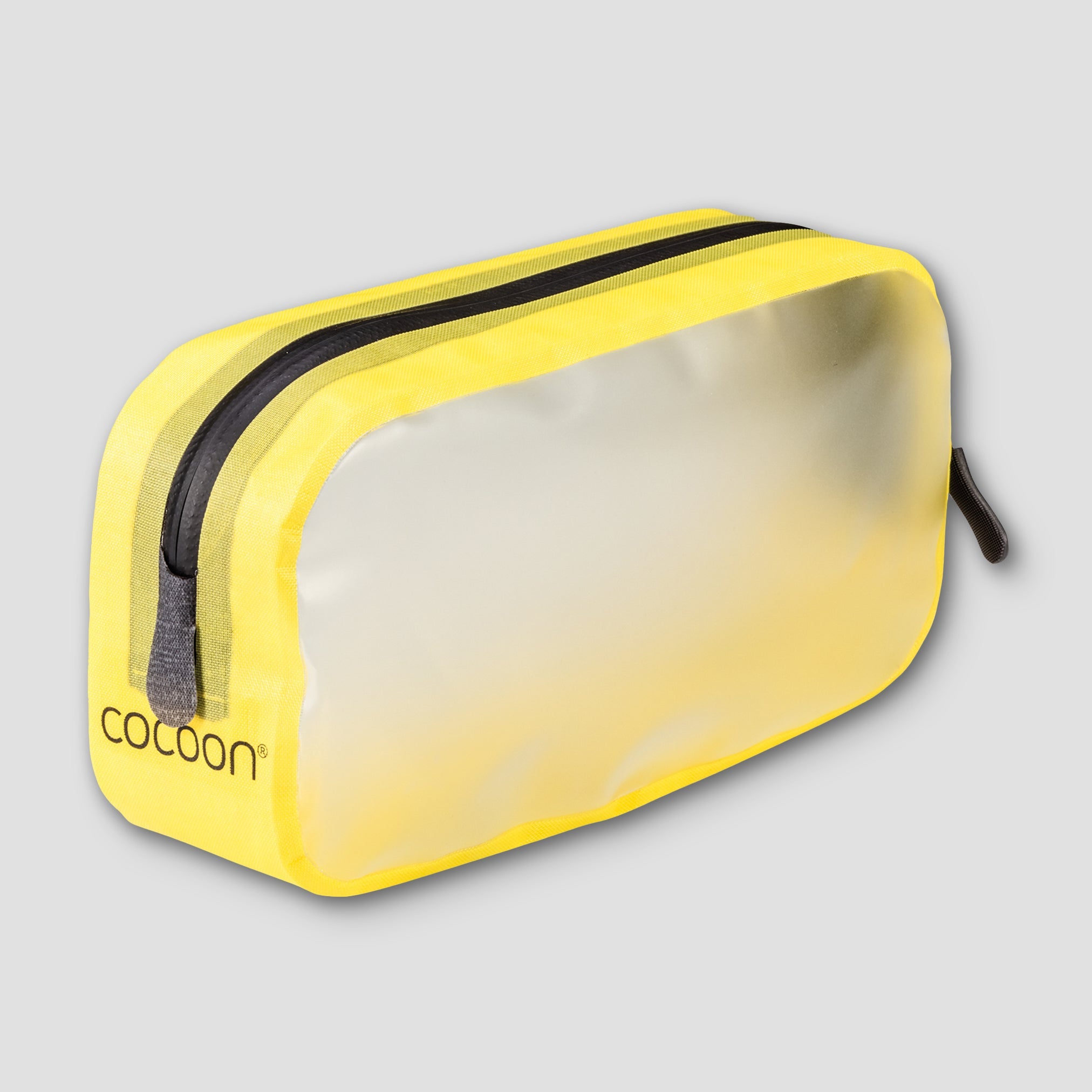 Yellow travel pouch with black zipper on a light gray background