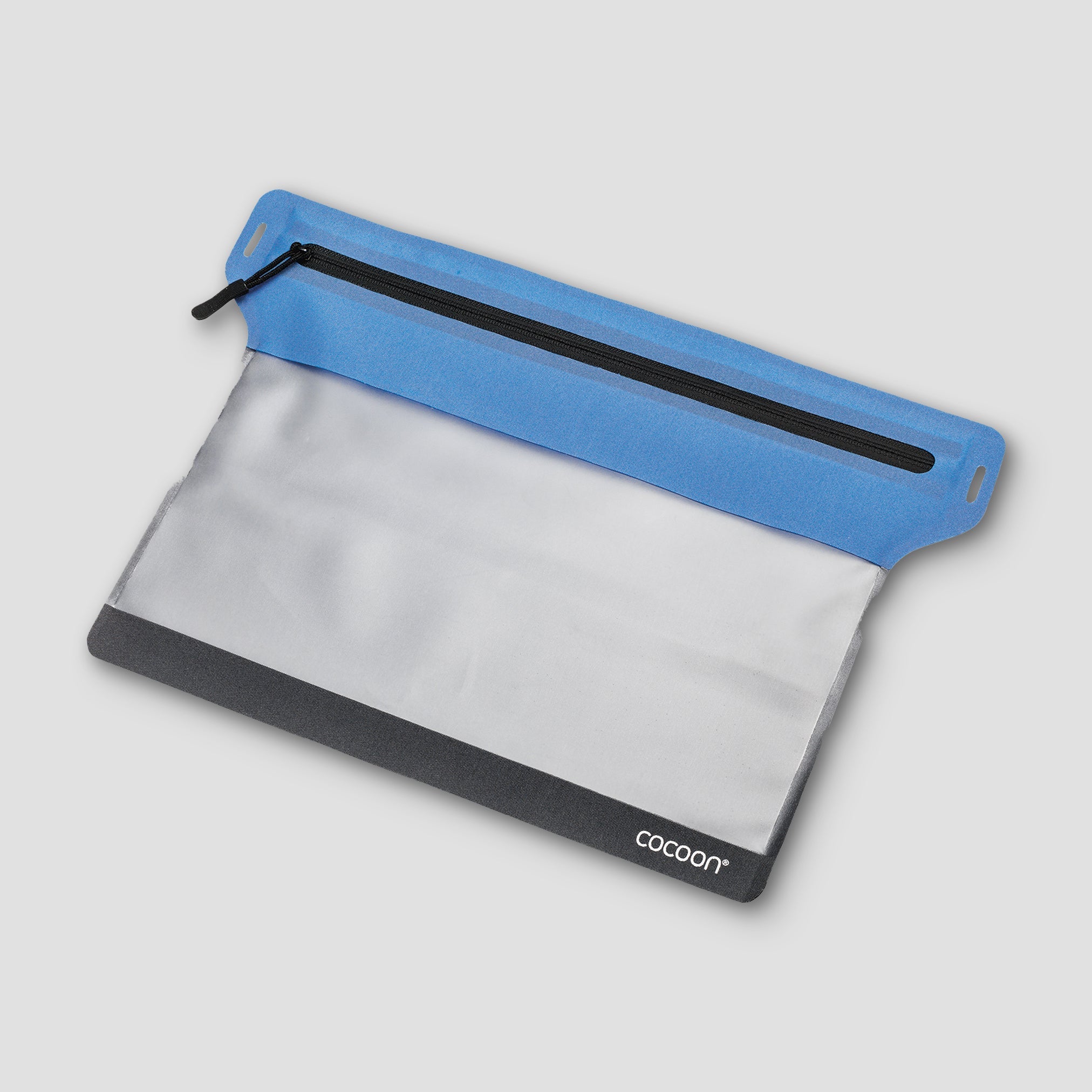 Clear pouch with blue top and black zipper on a light gray background, featuring the 'cocoon' brand.