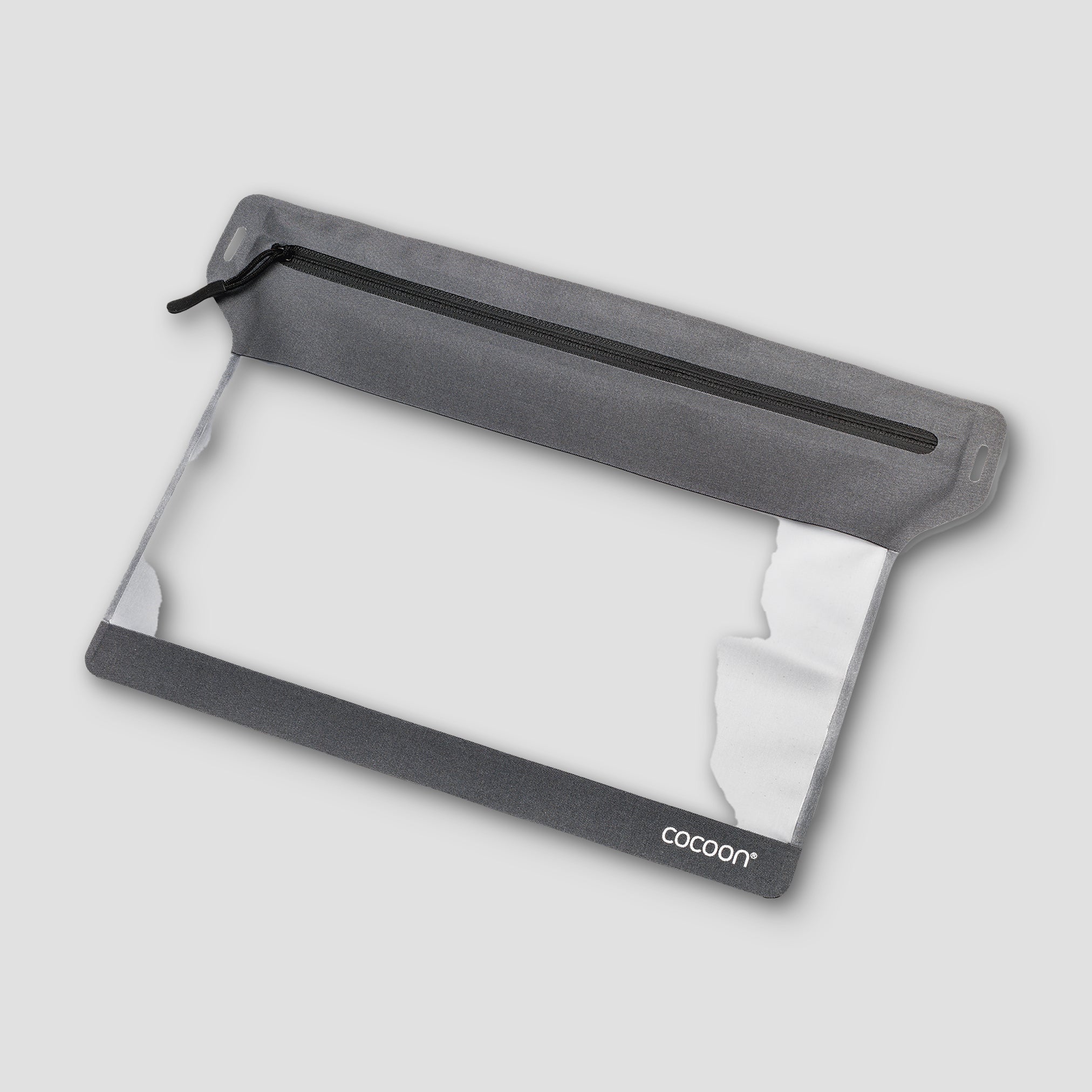 Gray pouch with clear front on a light gray background, featuring the 'cocoon' brand.