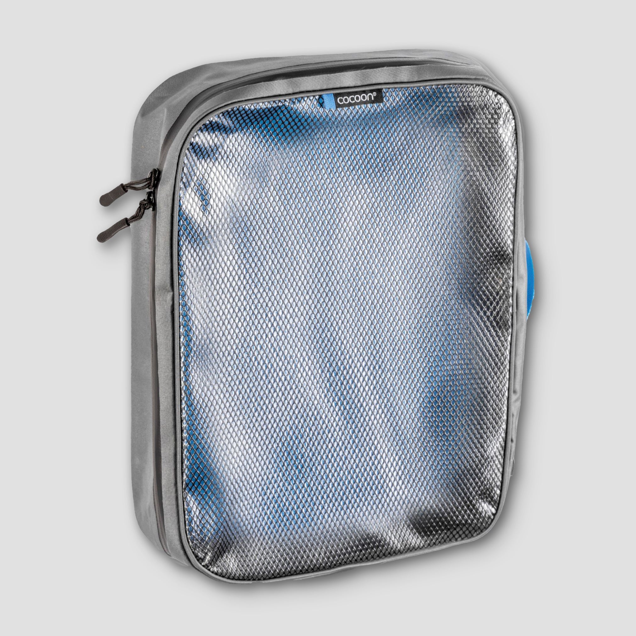 Gray travel pouch with mesh front on a light gray background