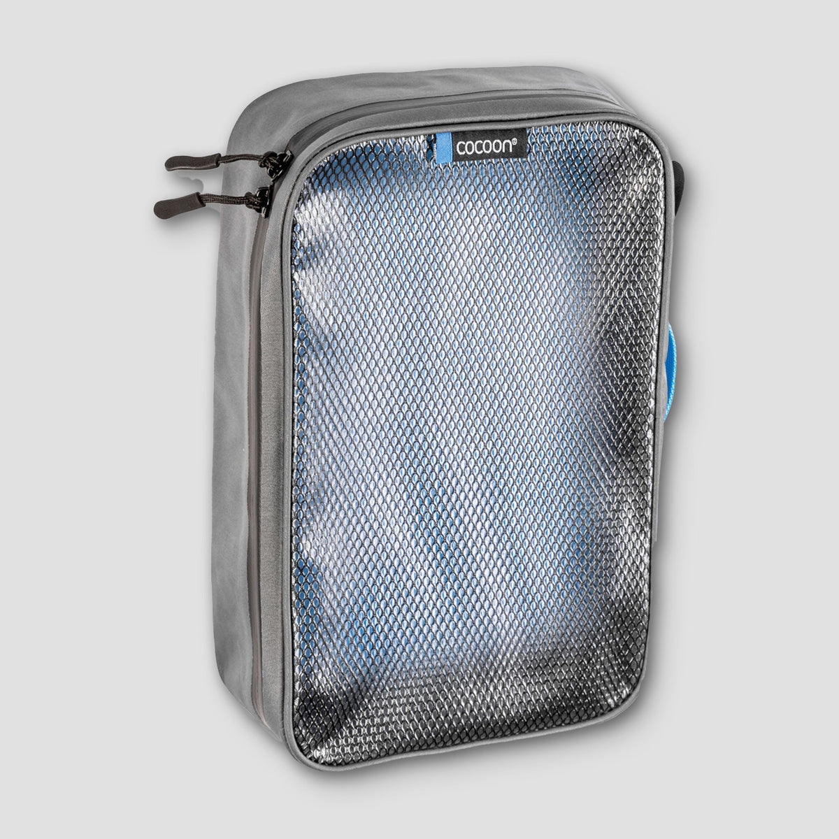 Gray mesh travel pouch with zipper on a light gray background