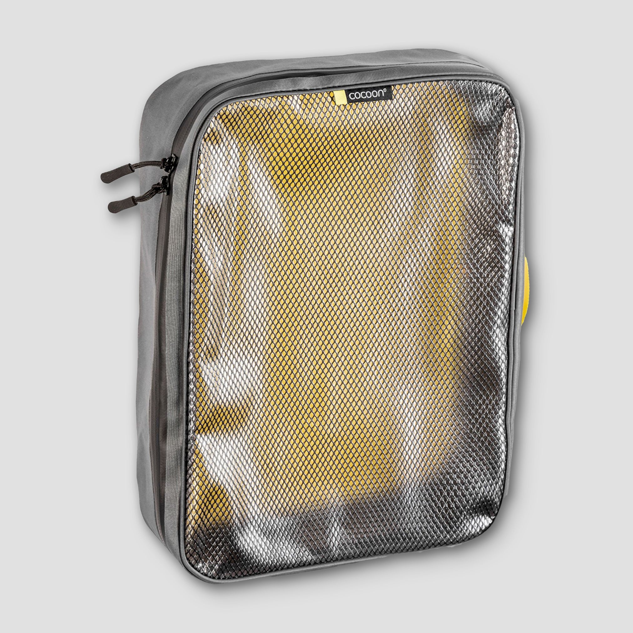 Gray mesh travel pouch with a yellow interior on a light gray background
