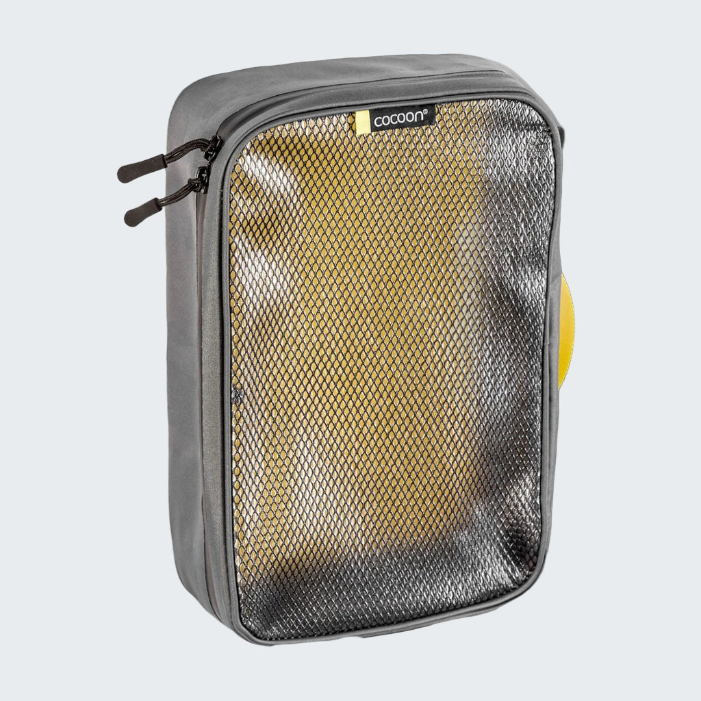 Gray travel pouch with mesh side and zipper closure on a light gray background