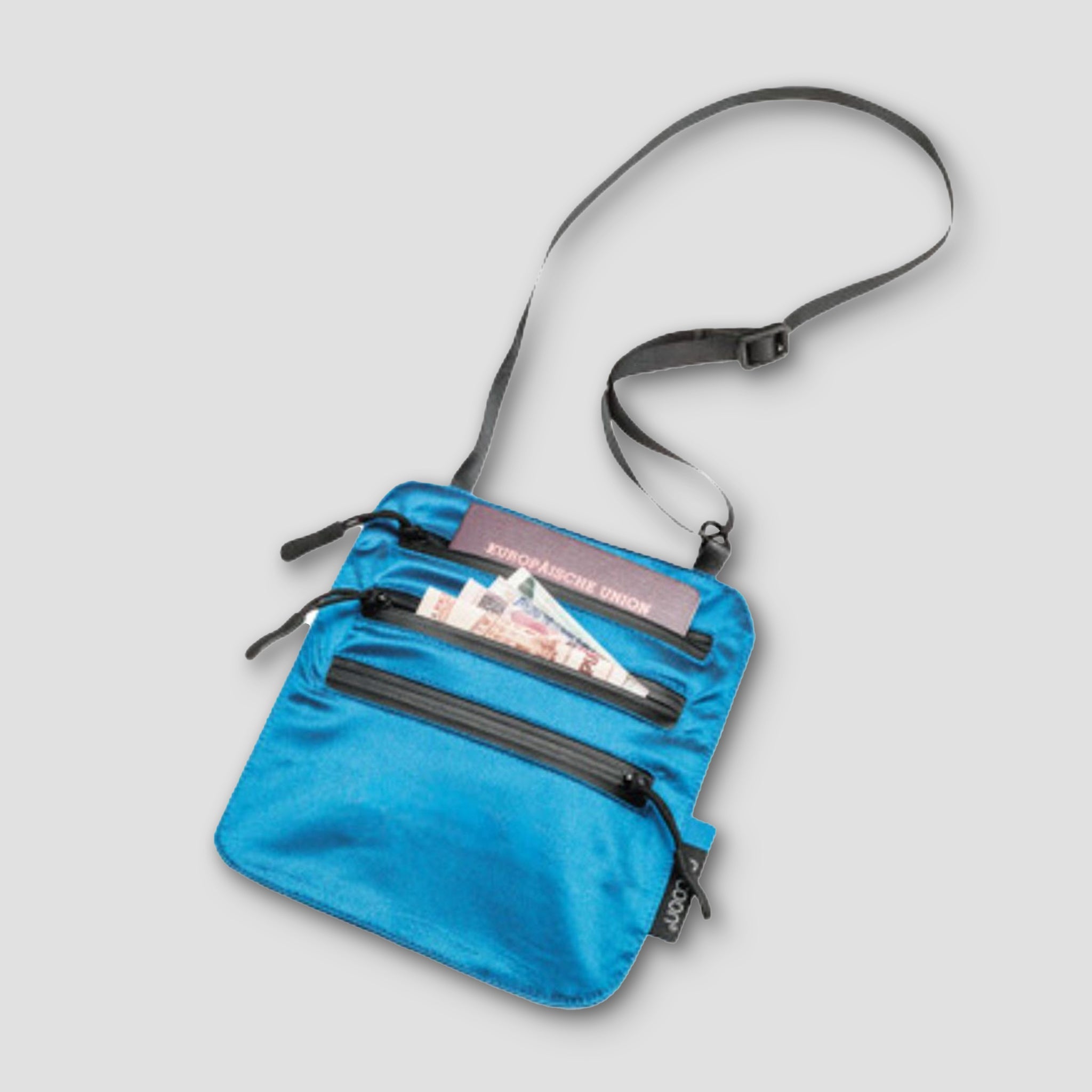 Blue crossbody bag with zippers on a light gray background