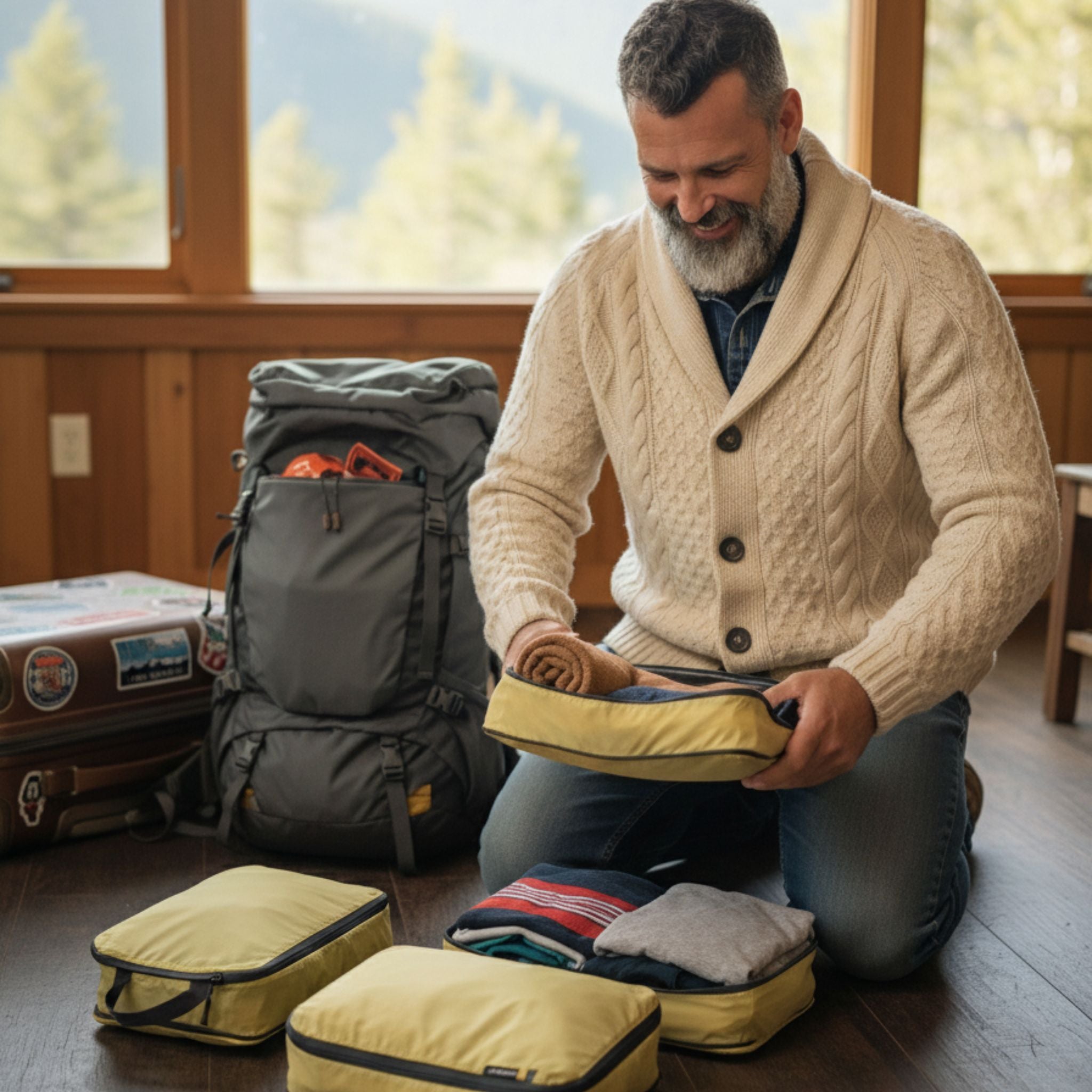 Man packing travel items in a room with wooden walls and large windows.