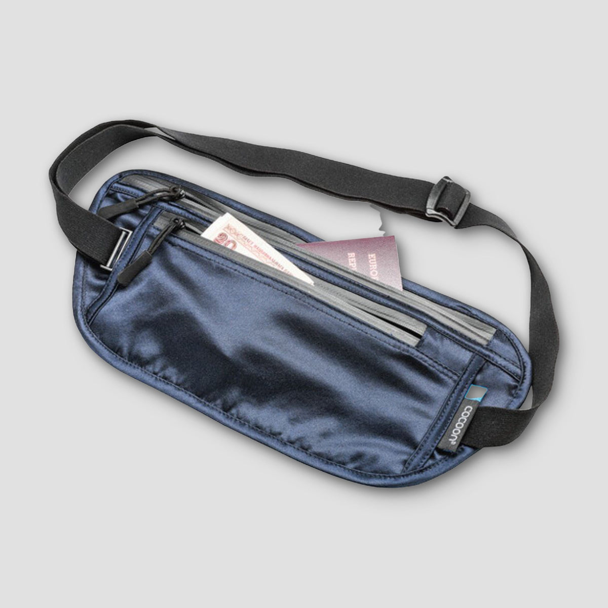 Blue waist bag with a black strap on a light gray background
