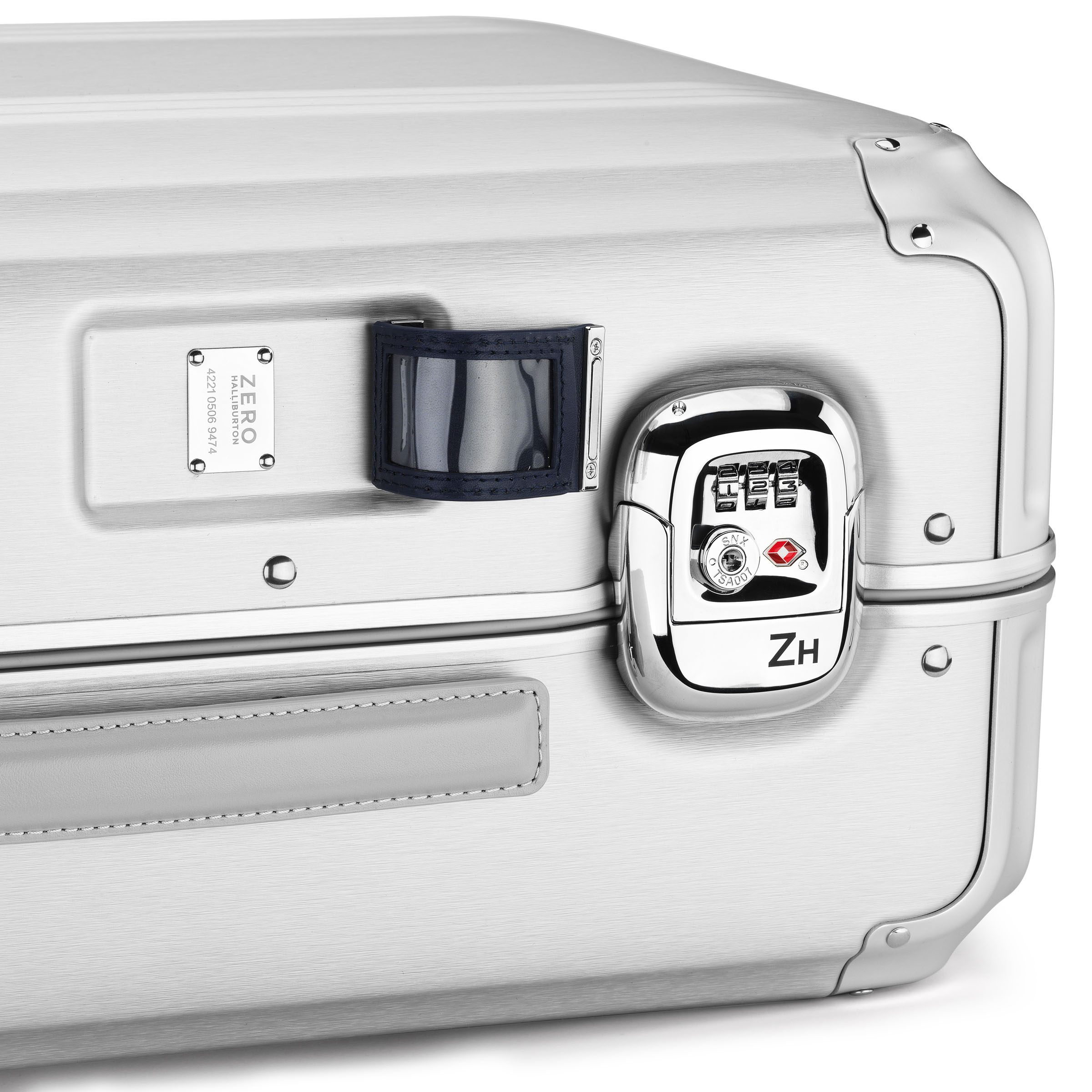Silver suitcase with digital lock and brand logo on a white background