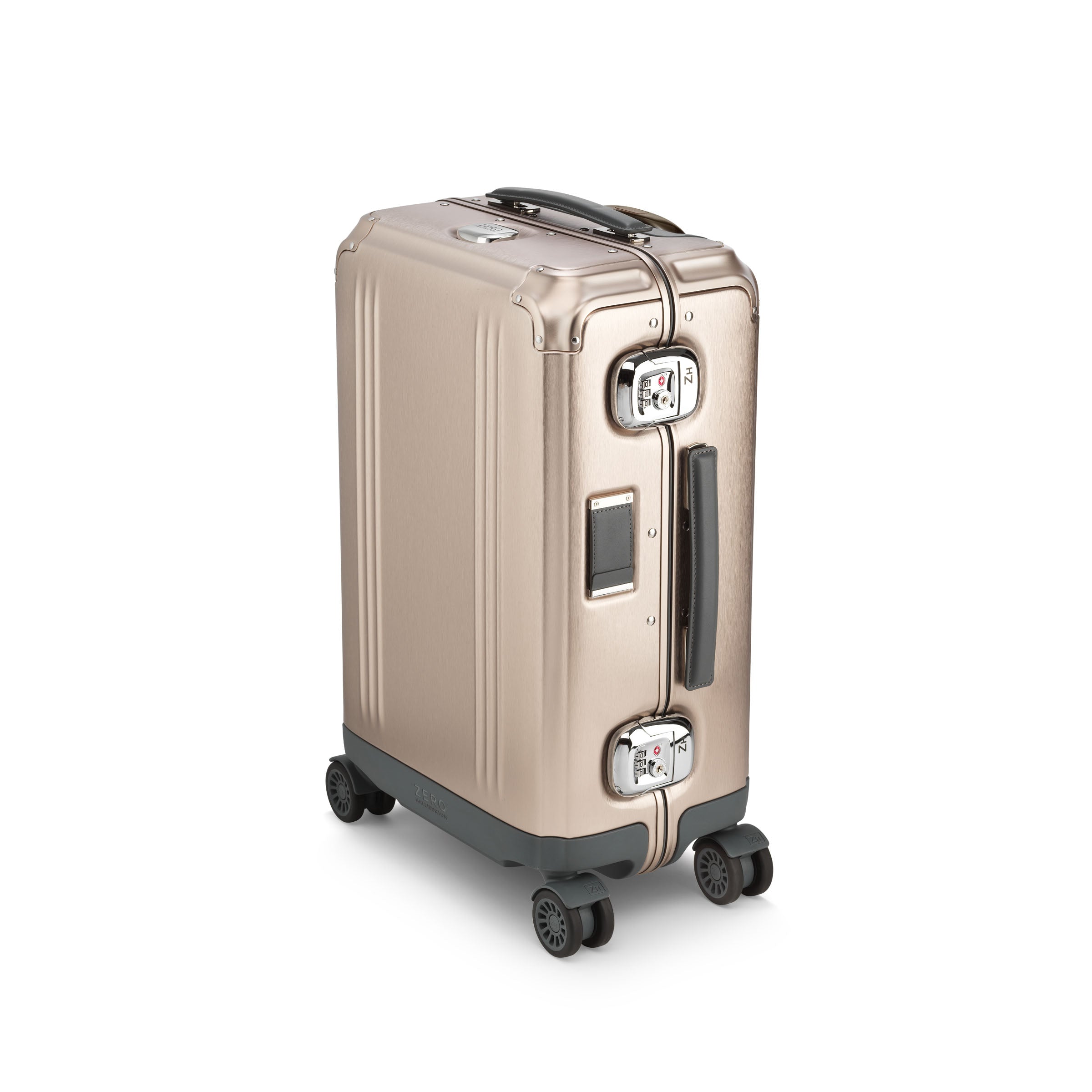 Gold suitcase with wheels on a white background