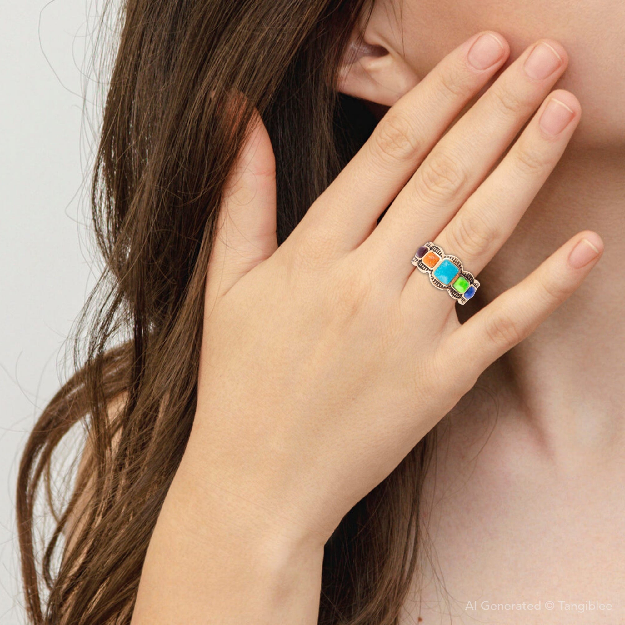 Close-up of a hand wearing a colorful ring with a neutral background