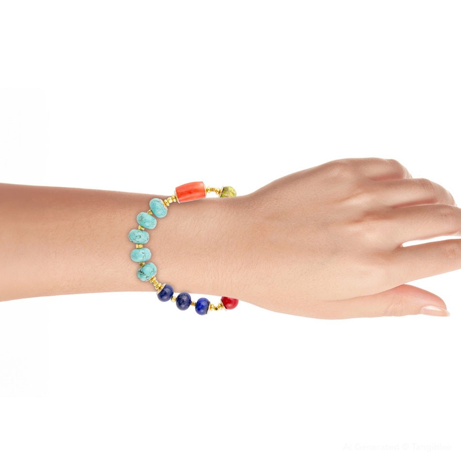 Hand wearing a colorful beaded bracelet on a white background